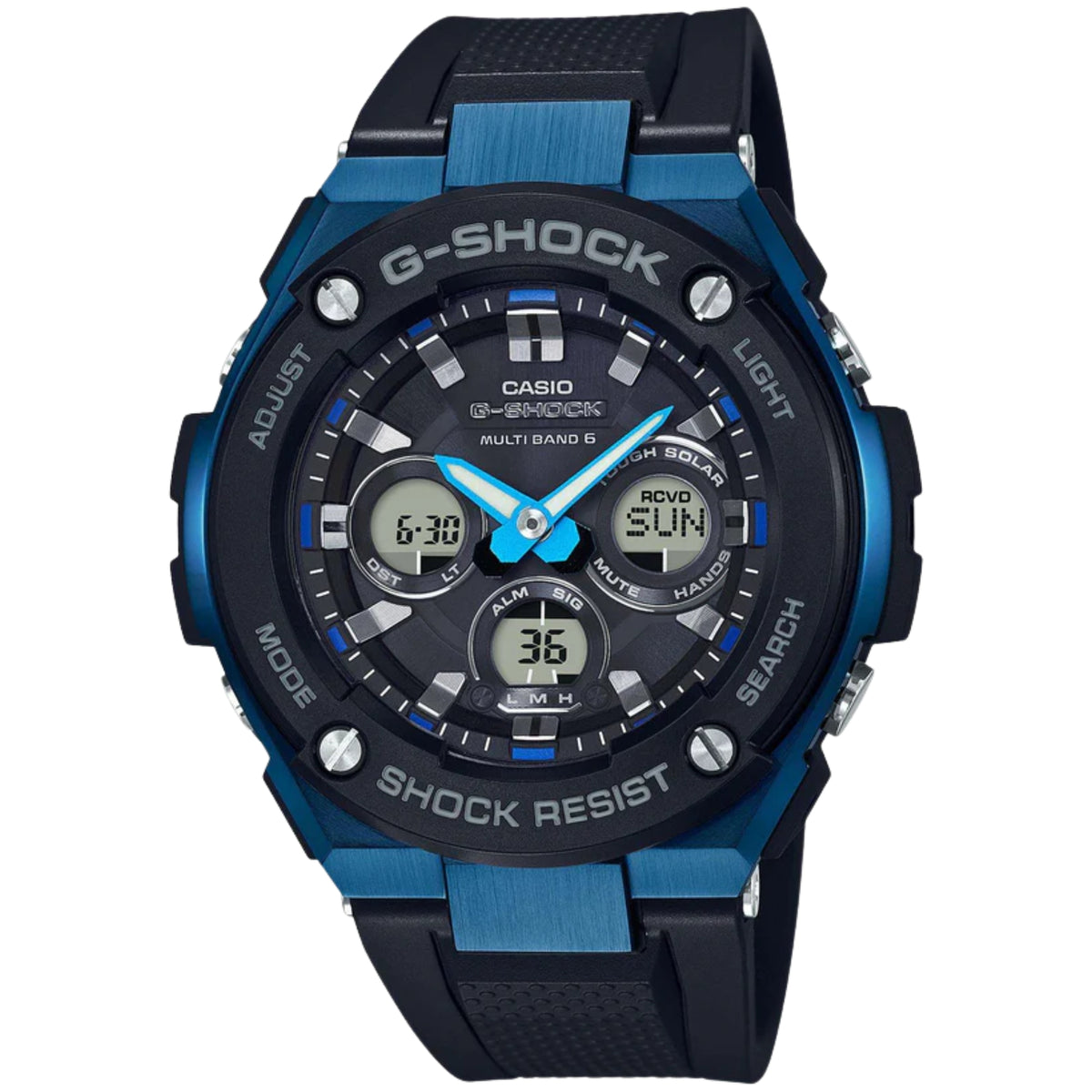 Casio G-Steel men's alarm chronograph watch with dark dial, blue accents, blue strap
