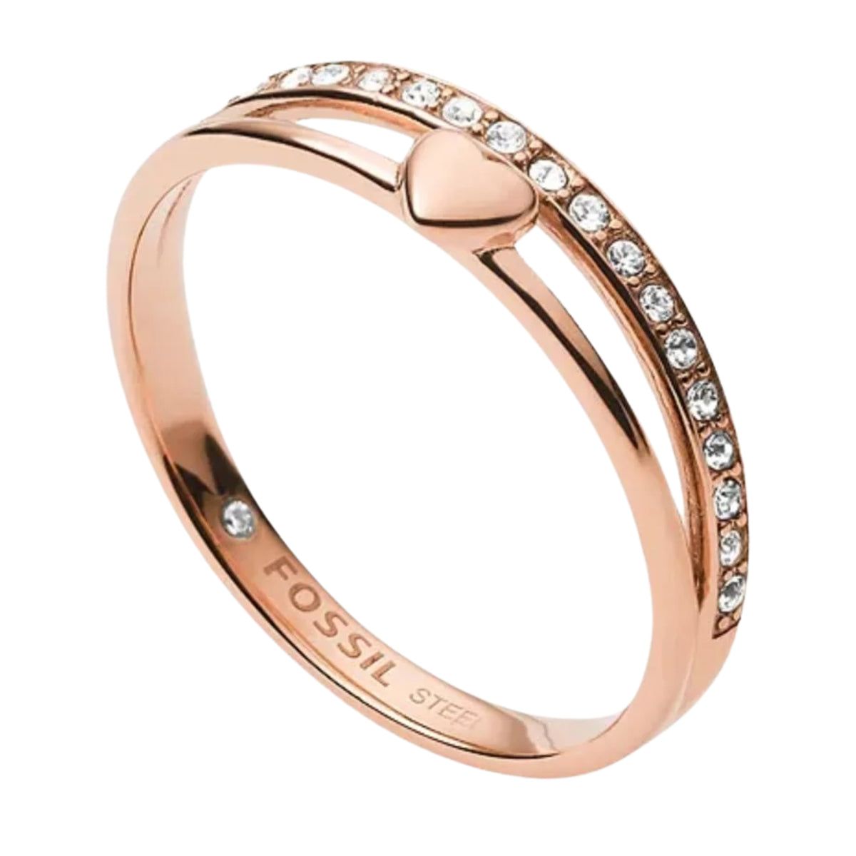 Fossil rose gold-tone stainless steel ring with heart detail and clear crystals