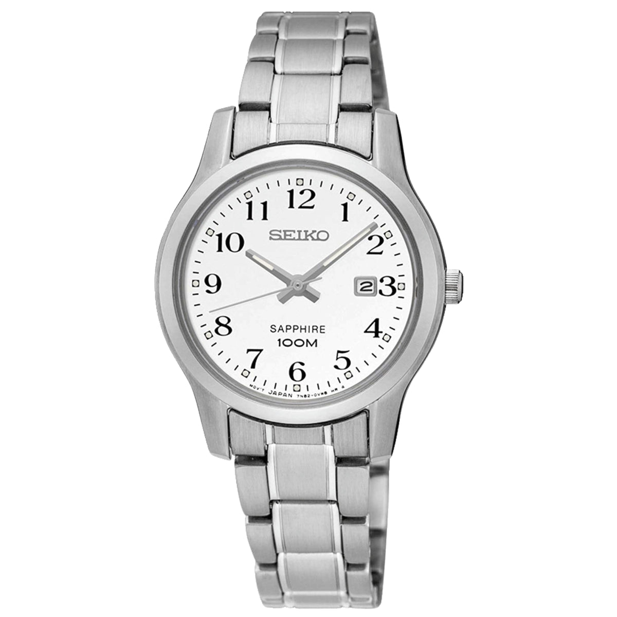 Seiko stainless steel ladies watch with white dial, quartz movement, sapphire, 100M