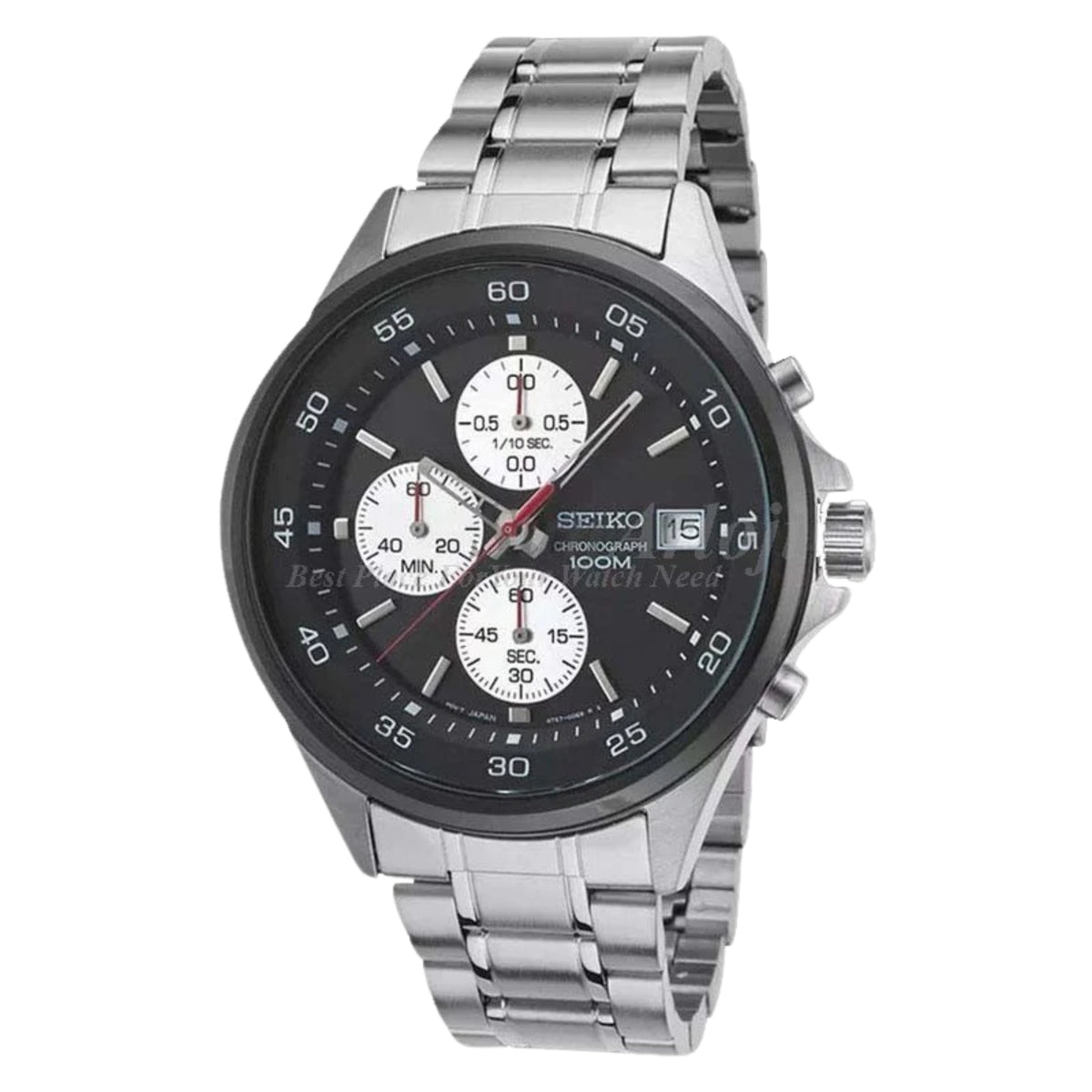 Stainless steel chronograph watch with black dial, red-accent subdials, date at 3