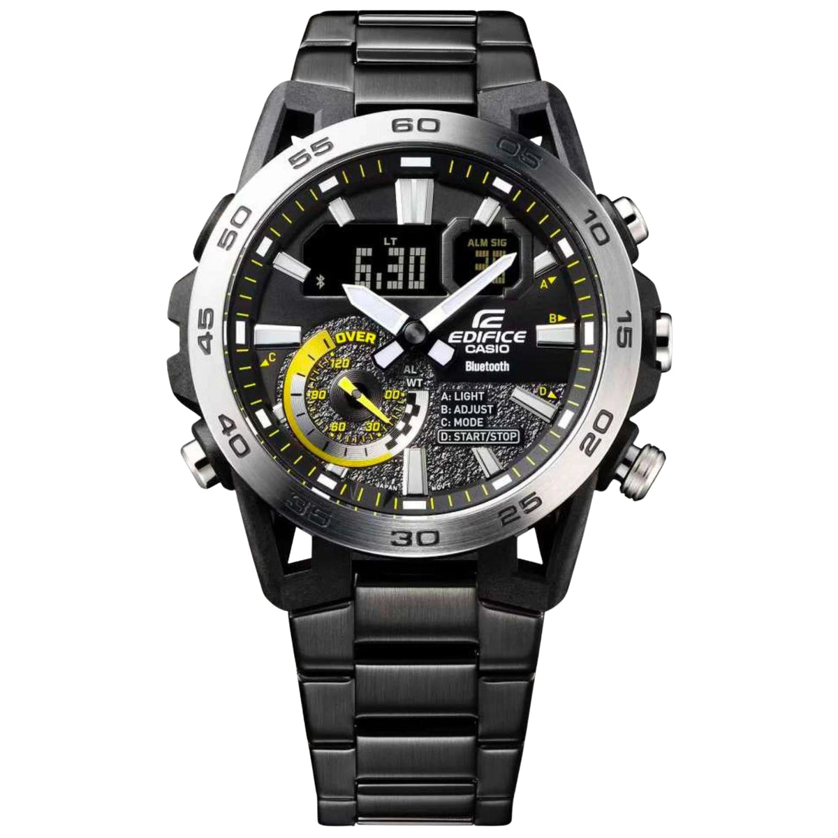 Front view mens Casio Edifice watch with black link bracelet, digital time window, and chrono subdials