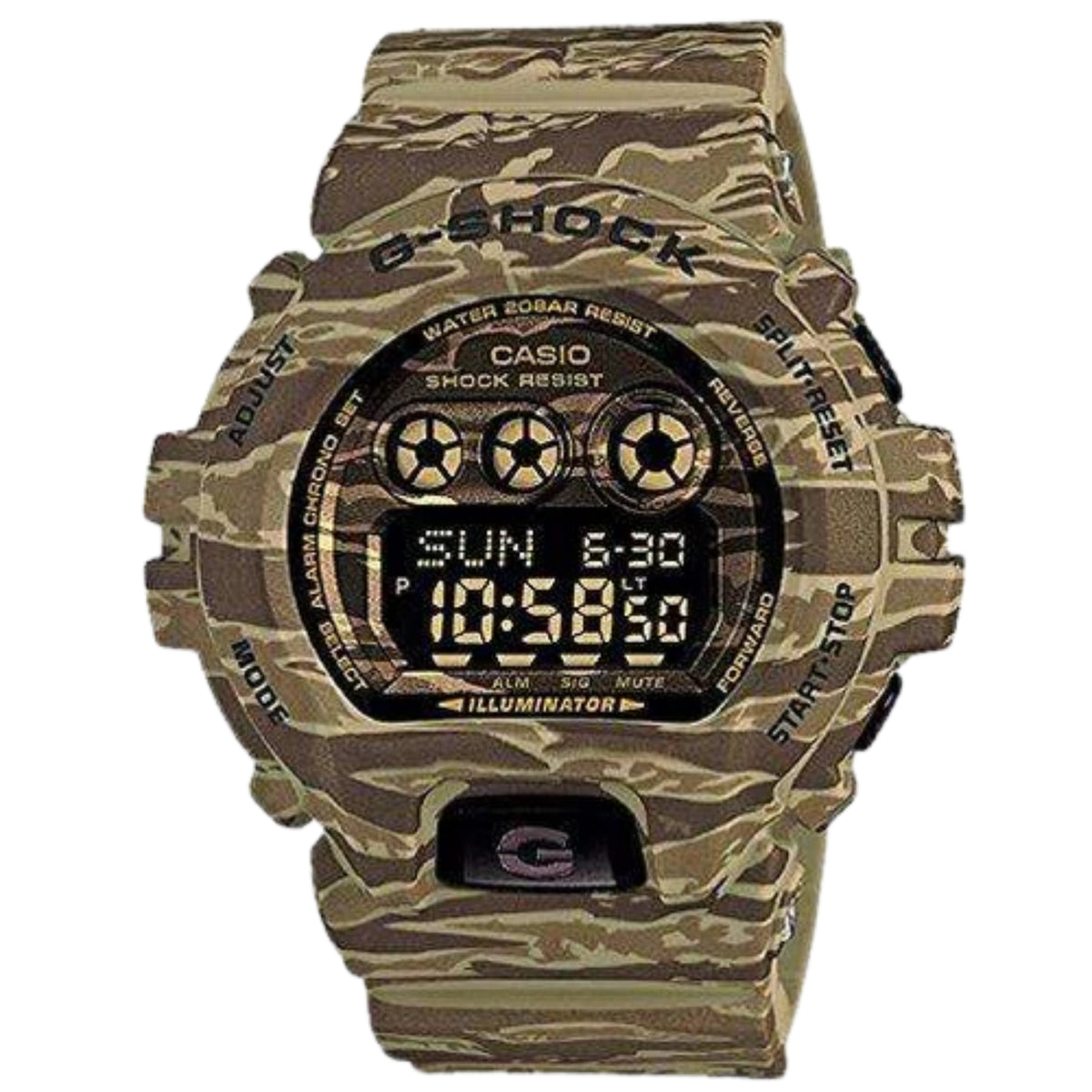 Casio G-Shock camo digital sports watch with triple dial display and black G button