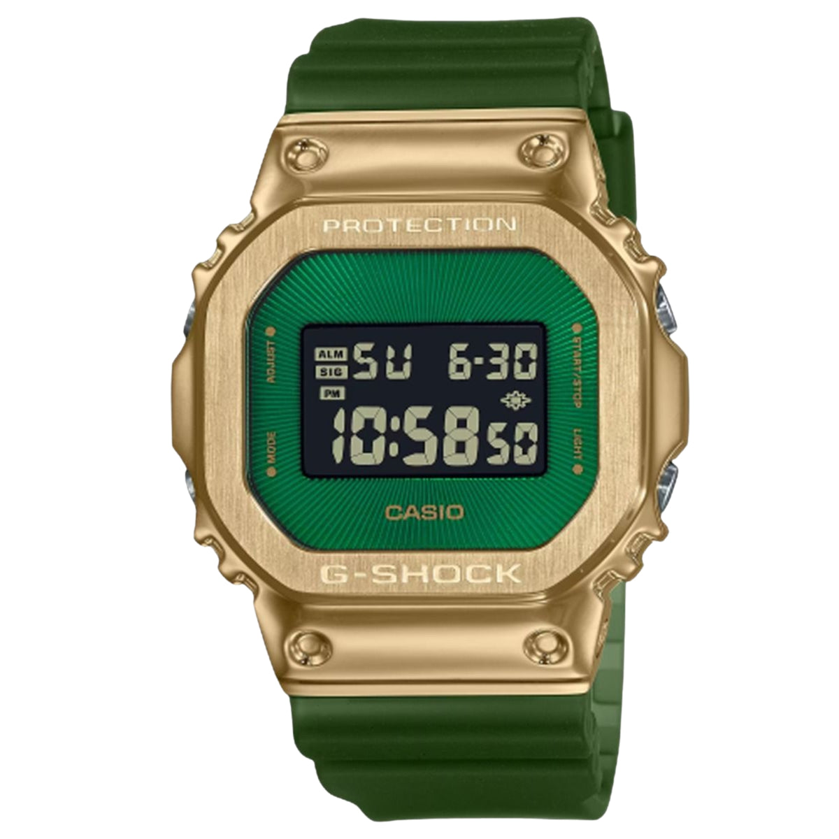 G-Shock digital watch with green dial, gold-tone case, and dark green silicone strap