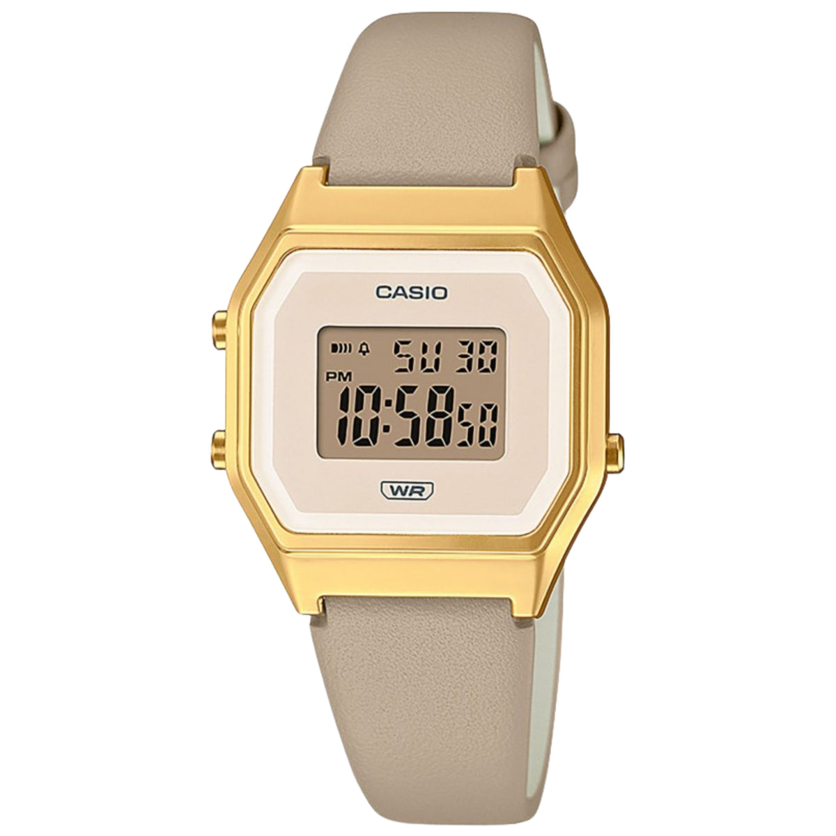 Vintage digital ladies watch, gold-tone case, beige leather strap, LCD time display