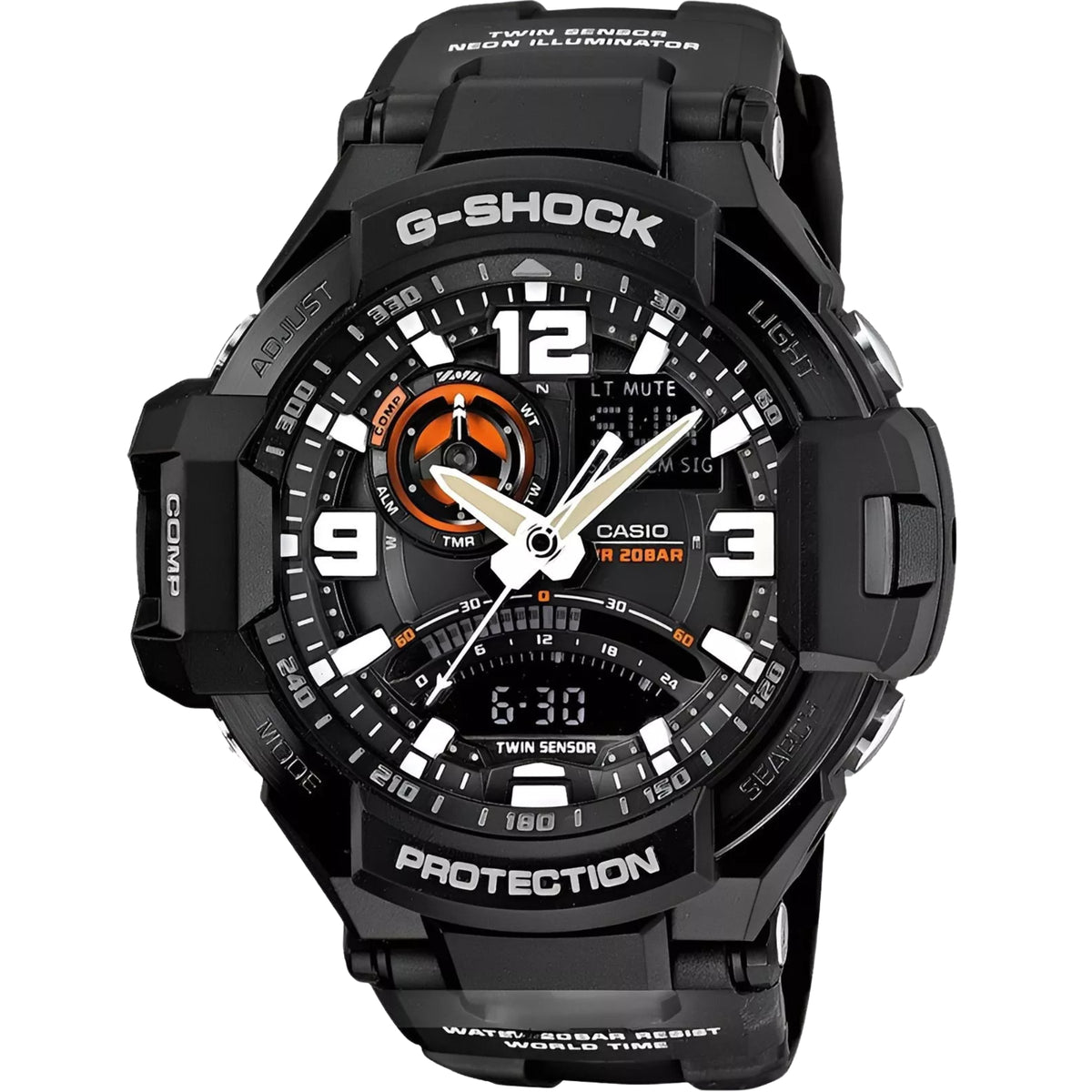 Men's black Casio G-SHOCK quartz analog watch with black resin strap and orange accents