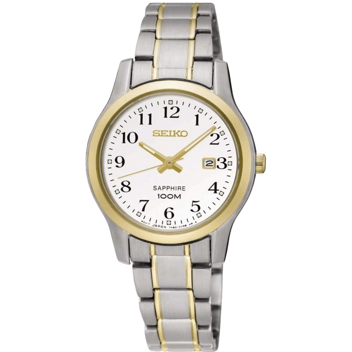 Seiko ladies quartz watch, gold and silver metal bracelet, white dial, gold hands.