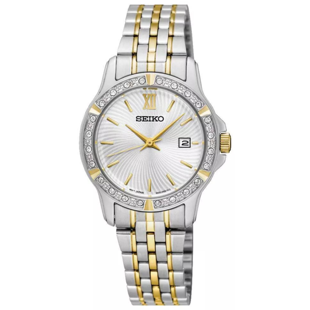 Two-tone ladies dress watch with gold accents, white dial, diamond bezel and Roman numerals