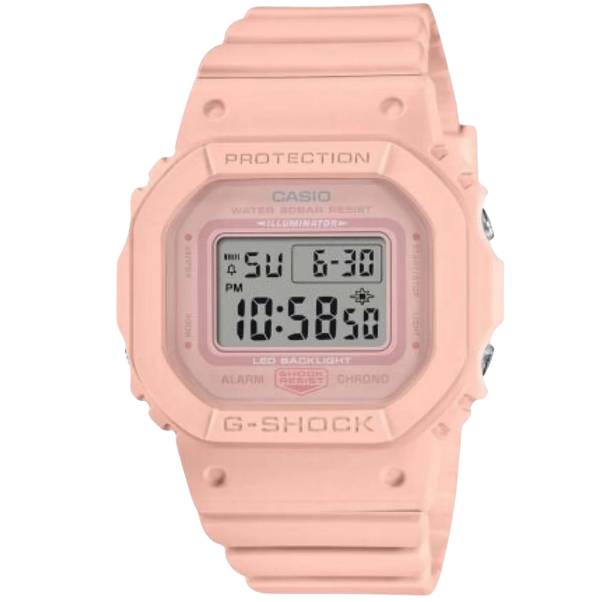 Pink resin G-Shock watch close-up with LCD display and PROTECTION bezel