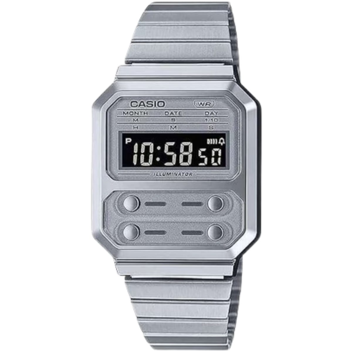 Casio stainless steel digital watch with metal bracelet and visible side buttons