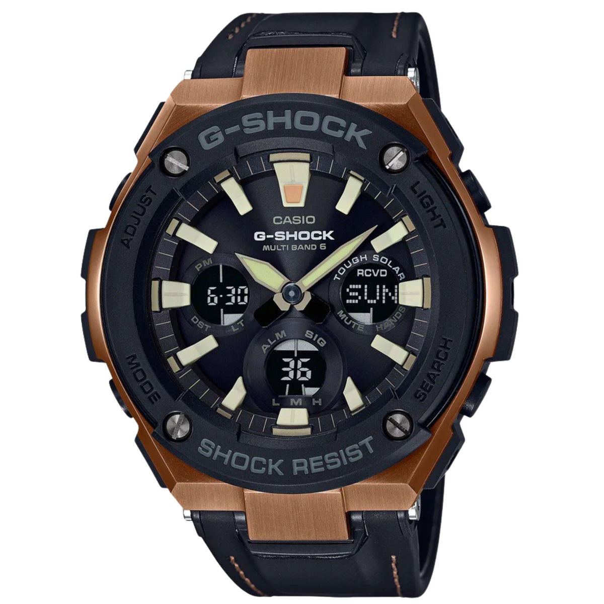 Casio men's alarm chronograph watch, black leather strap, bronze case, black dial