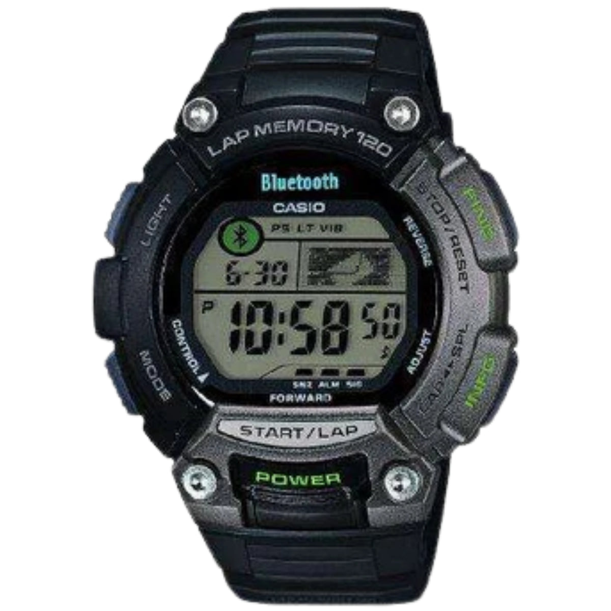 Casio Bluetooth digital watch with black case and strap, large LCD, green 'POWER' button