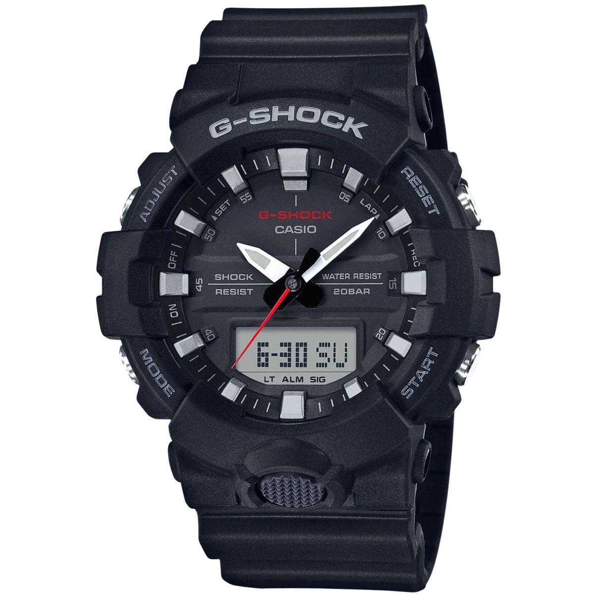 Casio G-Shock GA-800-1AER men’s black alarm chronograph watch, digital display and dial.