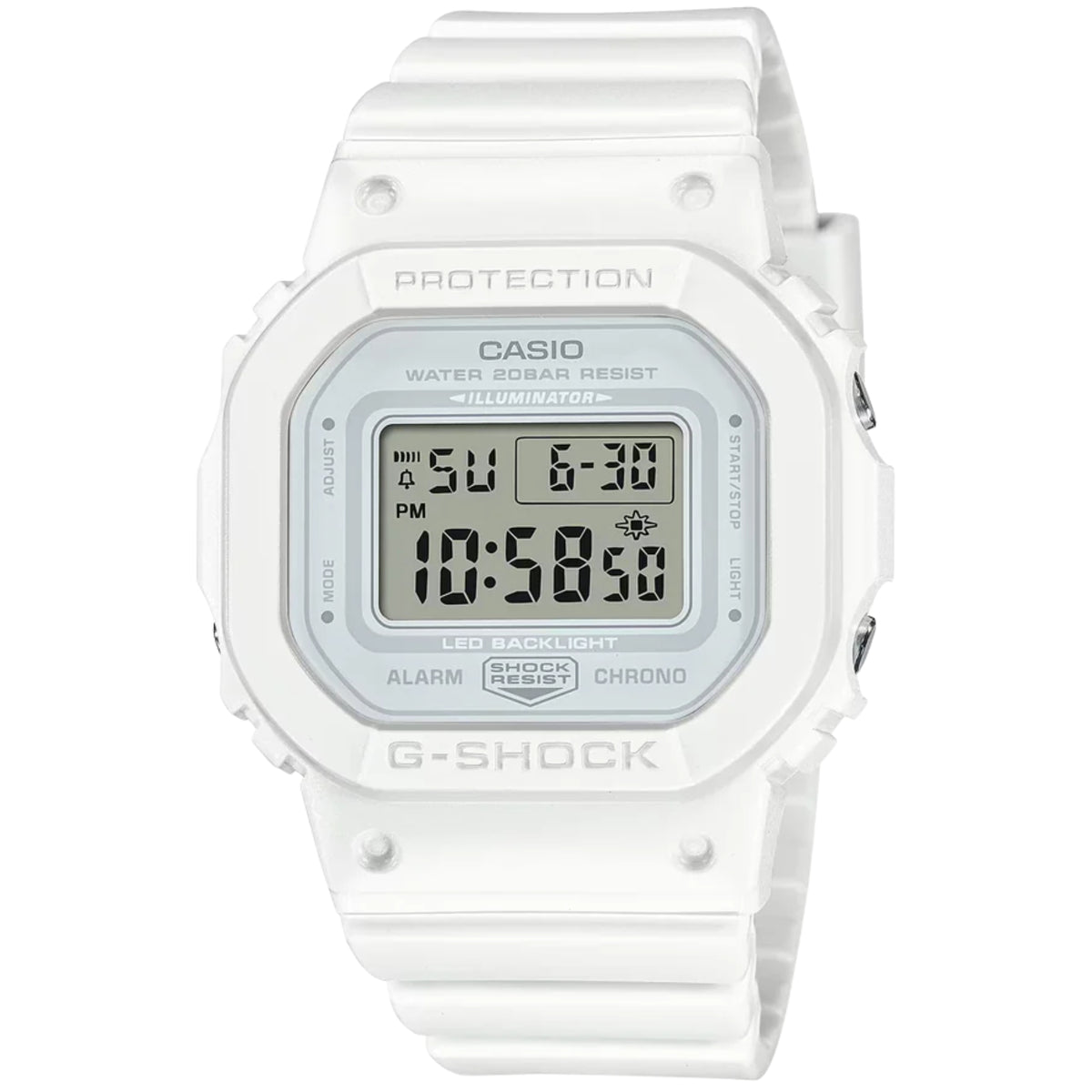 White G-Shock digital watch front view with LCD readout and resin bezel.