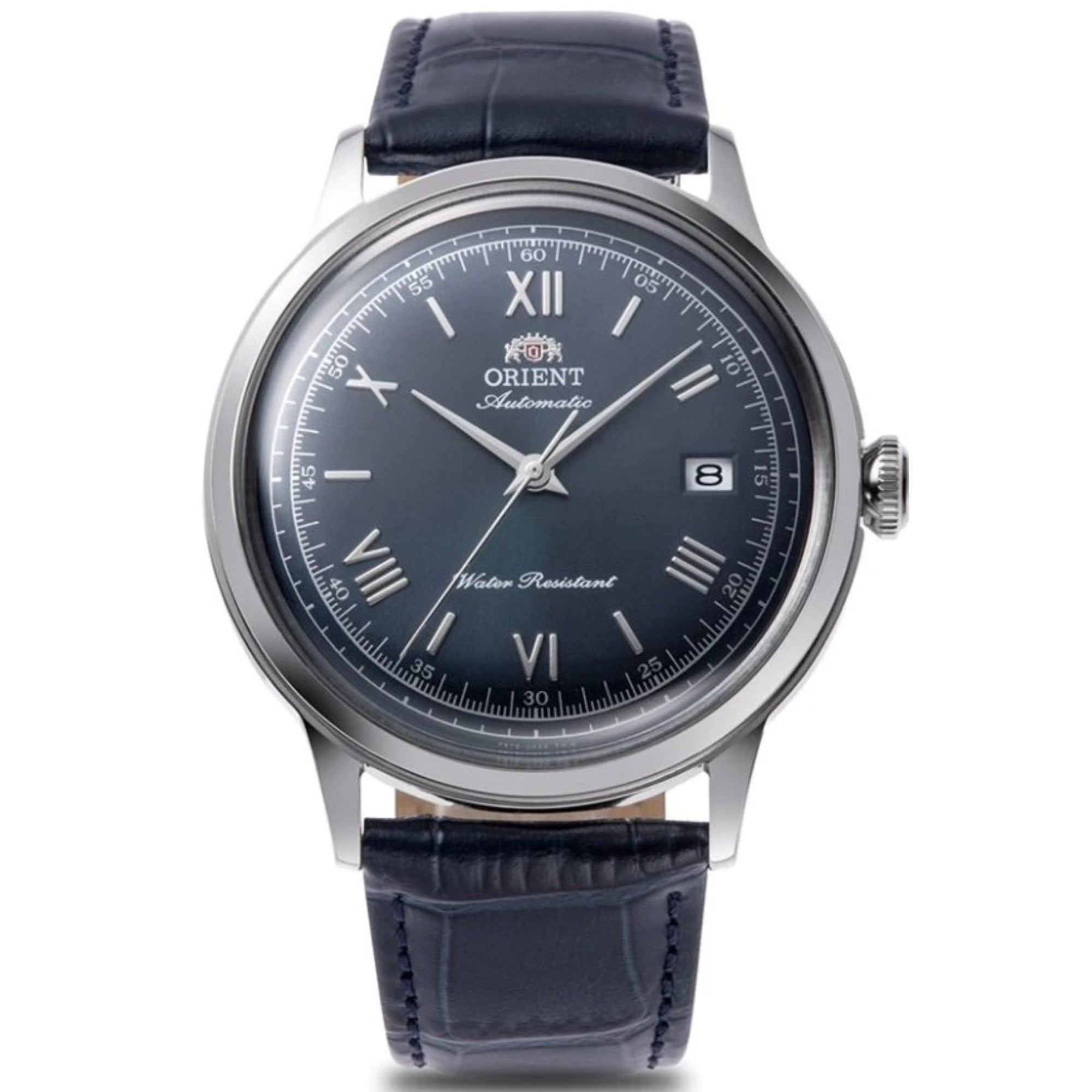 Orient Bambino Navy Blue Dial Leather Strap automatic watch RA-AC0024L30B front view