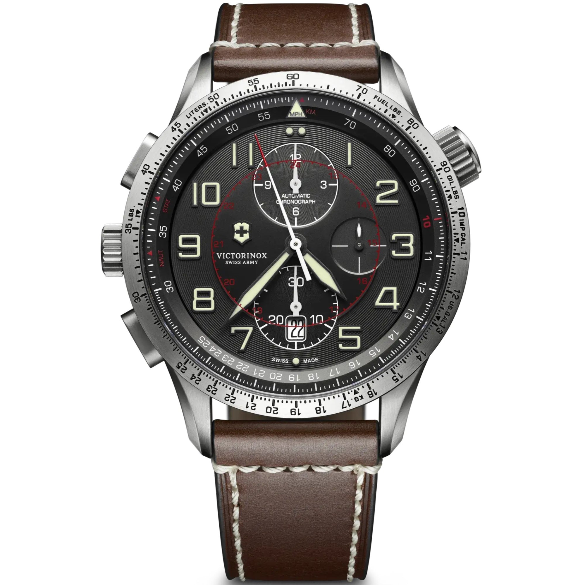 Victorinox Swiss Army Airboss Mach 9 Automatisch Graues Zifferblatt Braunes Lederarmband Herren Uhr 241710