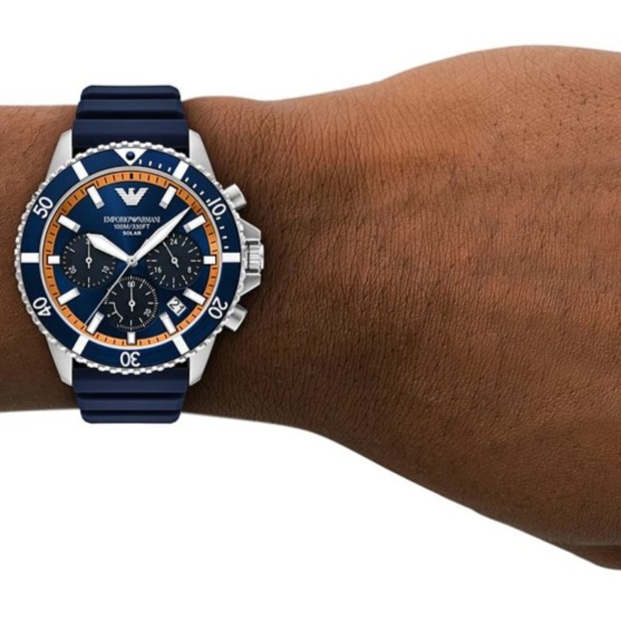 Emporio Armani World Explorer 43mm Chronograph Blue Dial Silicone Mens Solar Watch AR11696