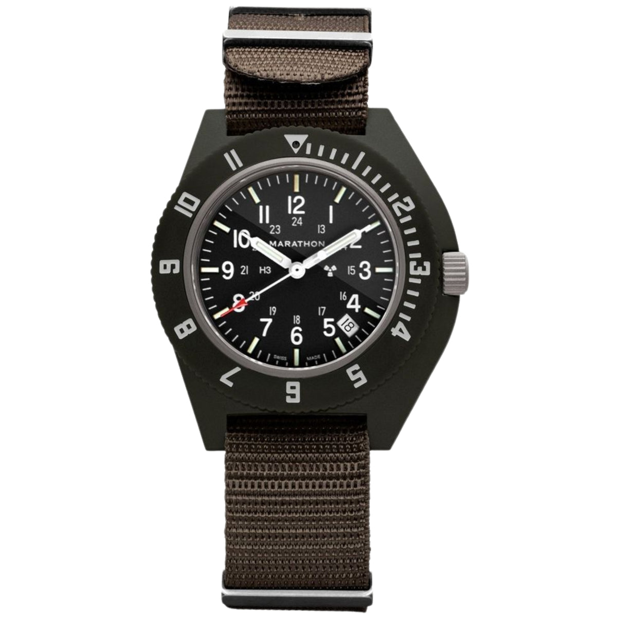 Marathon Navigator WW194013SG-0102 quartz watch showing black dial and sage green strap on plain background