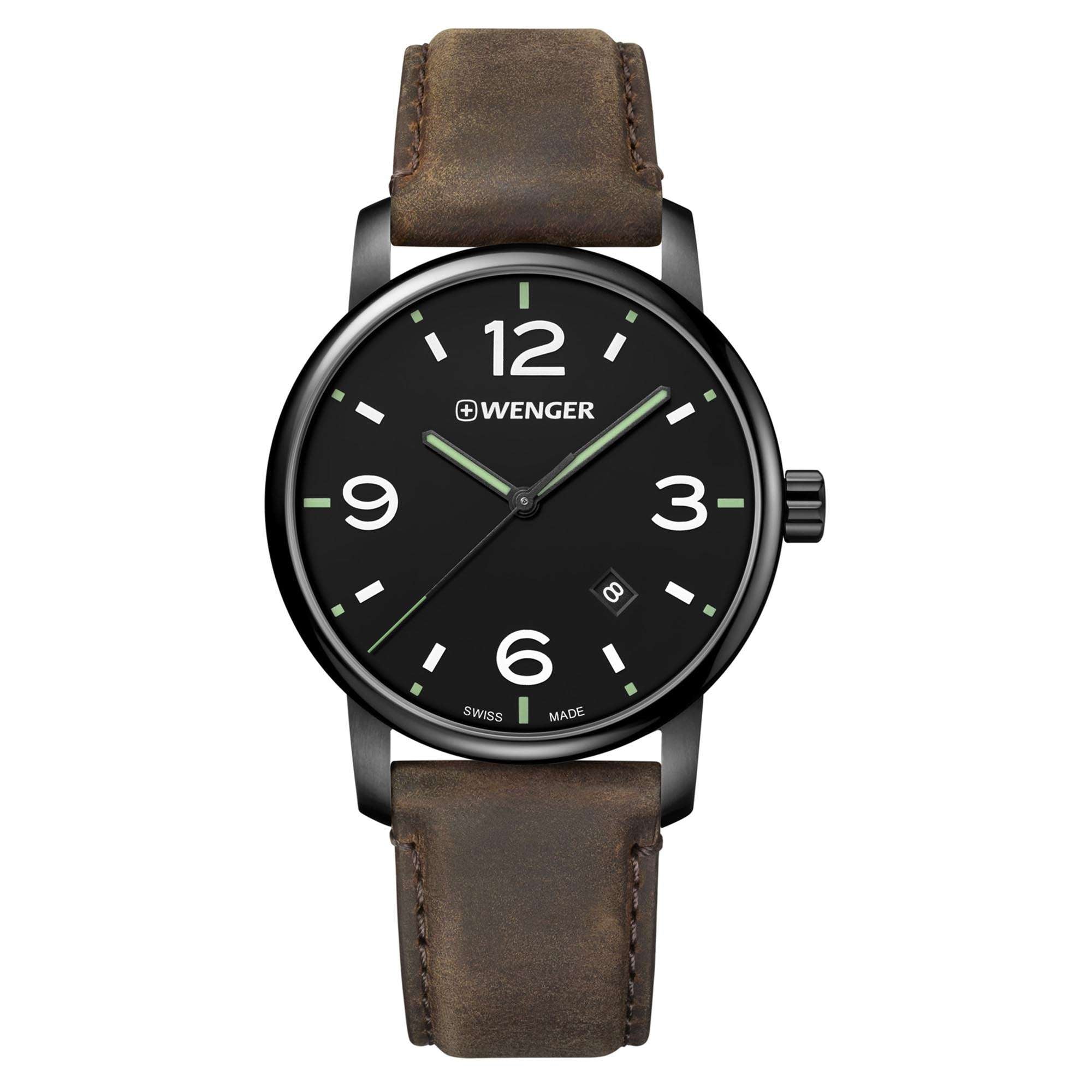 Wenger Urban Metropolitan Quarz Schwarzes Zifferblatt Braunes Lederarmband Herren Uhr 01.1741.121