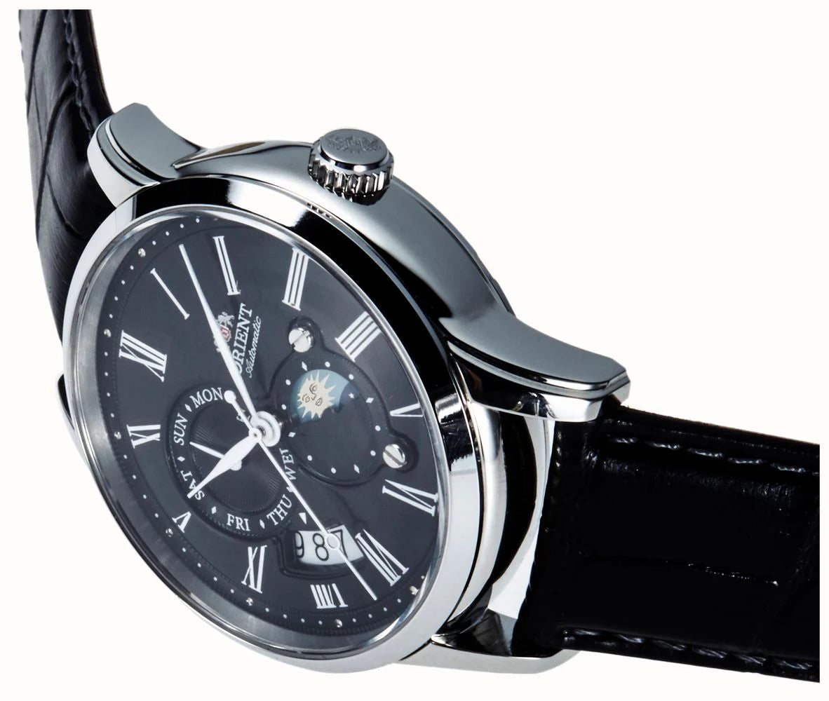 Orient Bambino 42.5mm Sun & Moon Black Dial Leather Mens Mechanical Watch RA-AK0010B10B
