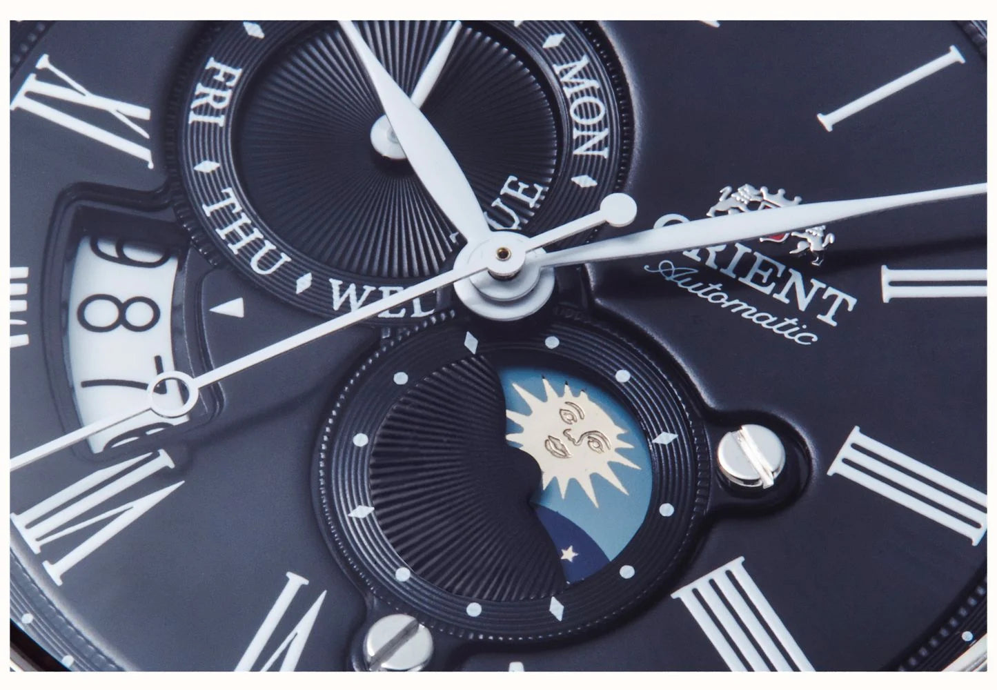 Orient Bambino 42.5mm Sun & Moon Black Dial Leather Mens Mechanical Watch RA-AK0010B10B