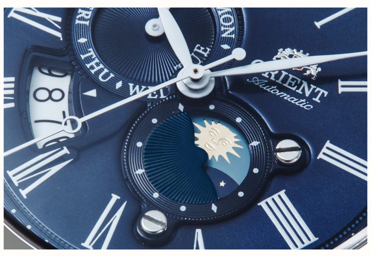 Orient Bambino 42.5mm Sun & Moon Blue Dial Leather Mens Automatic Watch RA-AK0011D10B