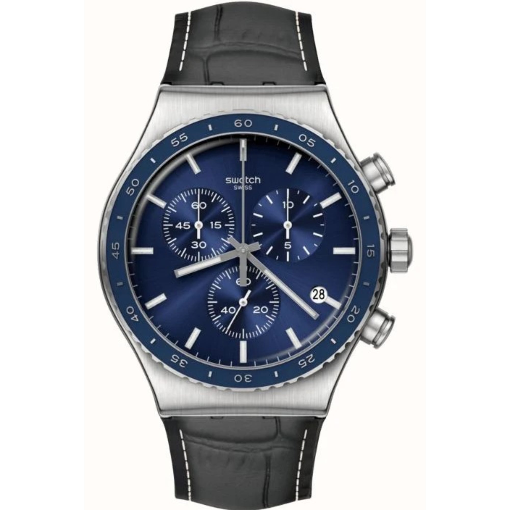 Swatch Cobalt Lagoon Chronograph Quartz Blue Dial Leather Watch YVS496