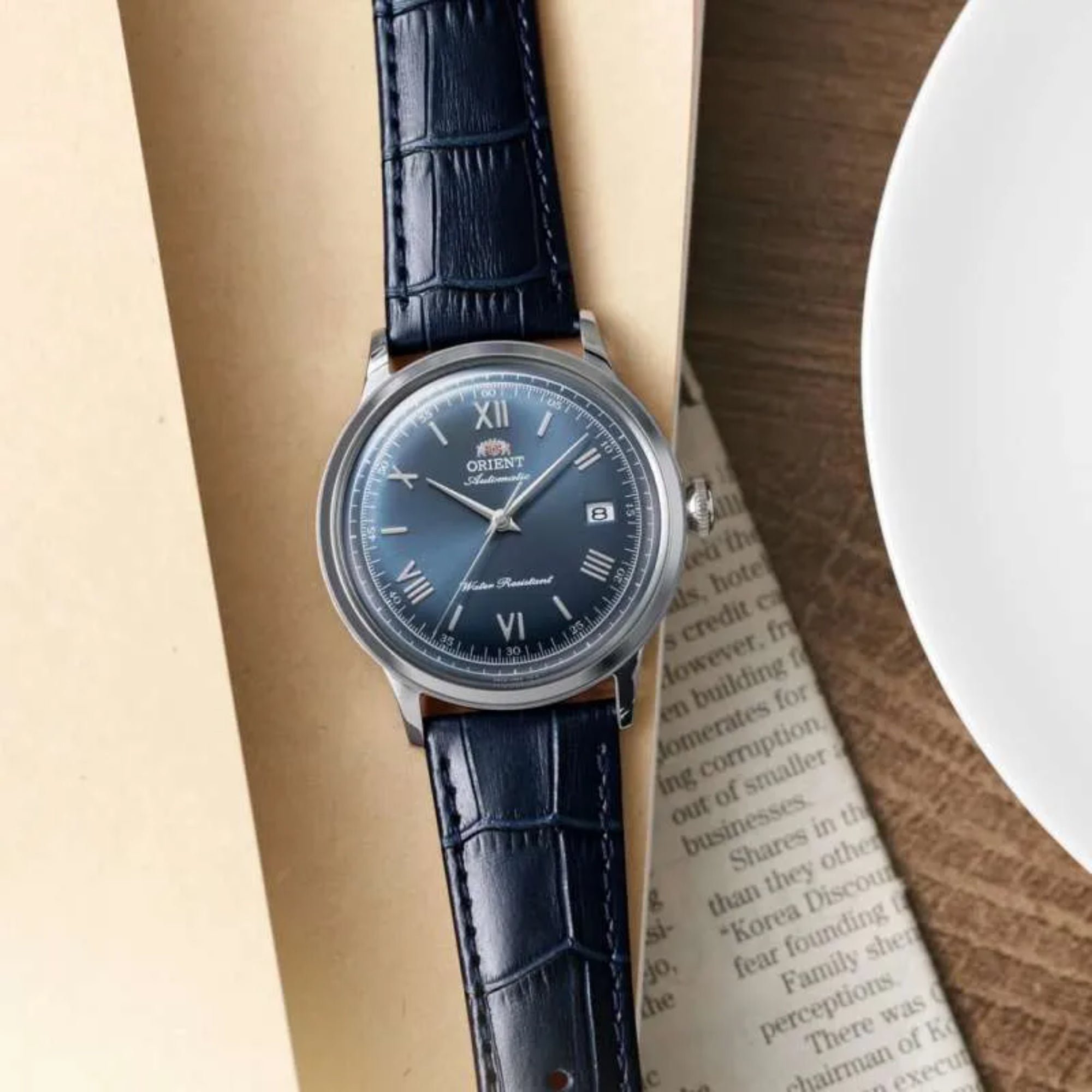 Orient Bambino automatic watch with a blue dial and a blue leather strap