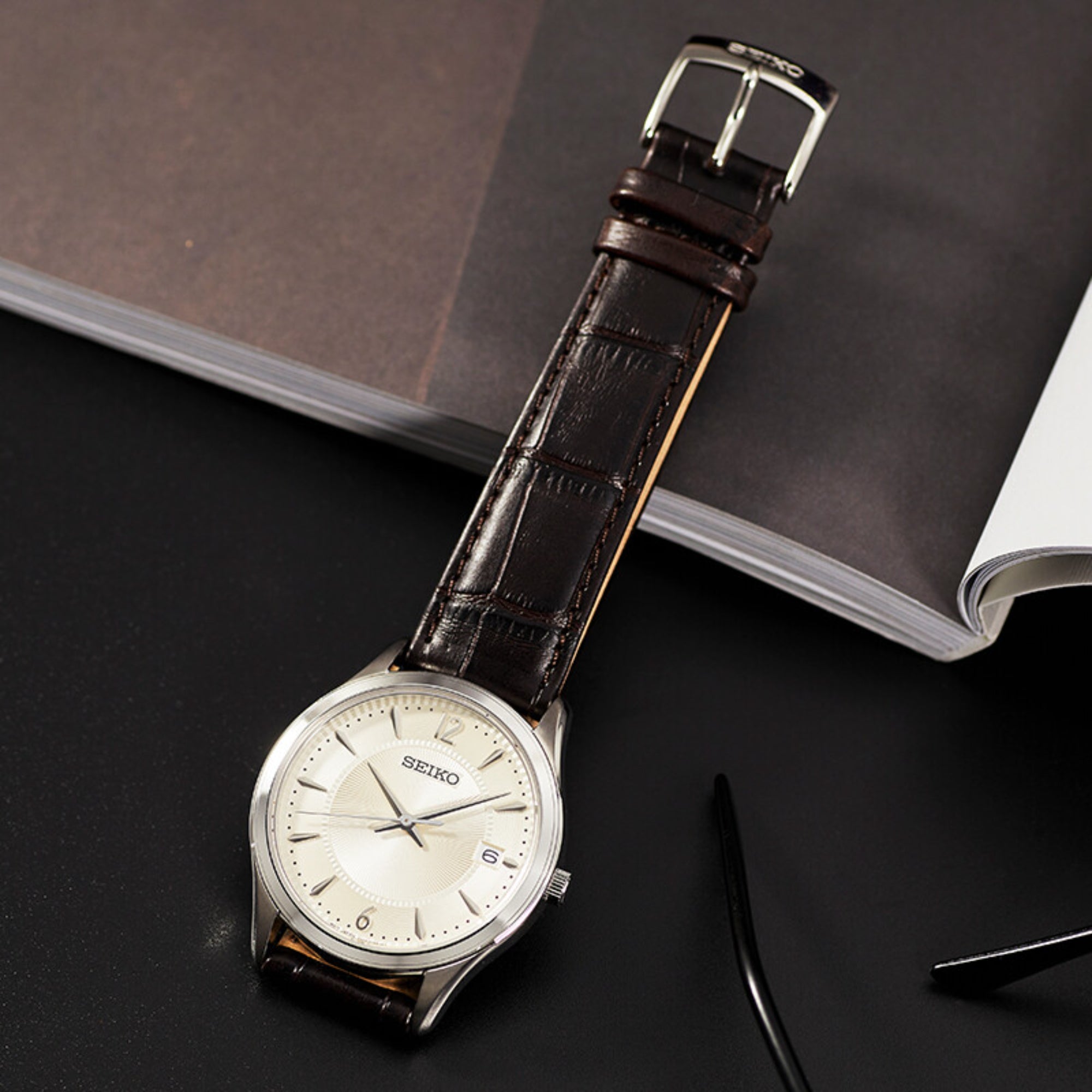 Seiko Essentials 39mm Ivory Dial Leather Mens Quartz Watch SUR421P1