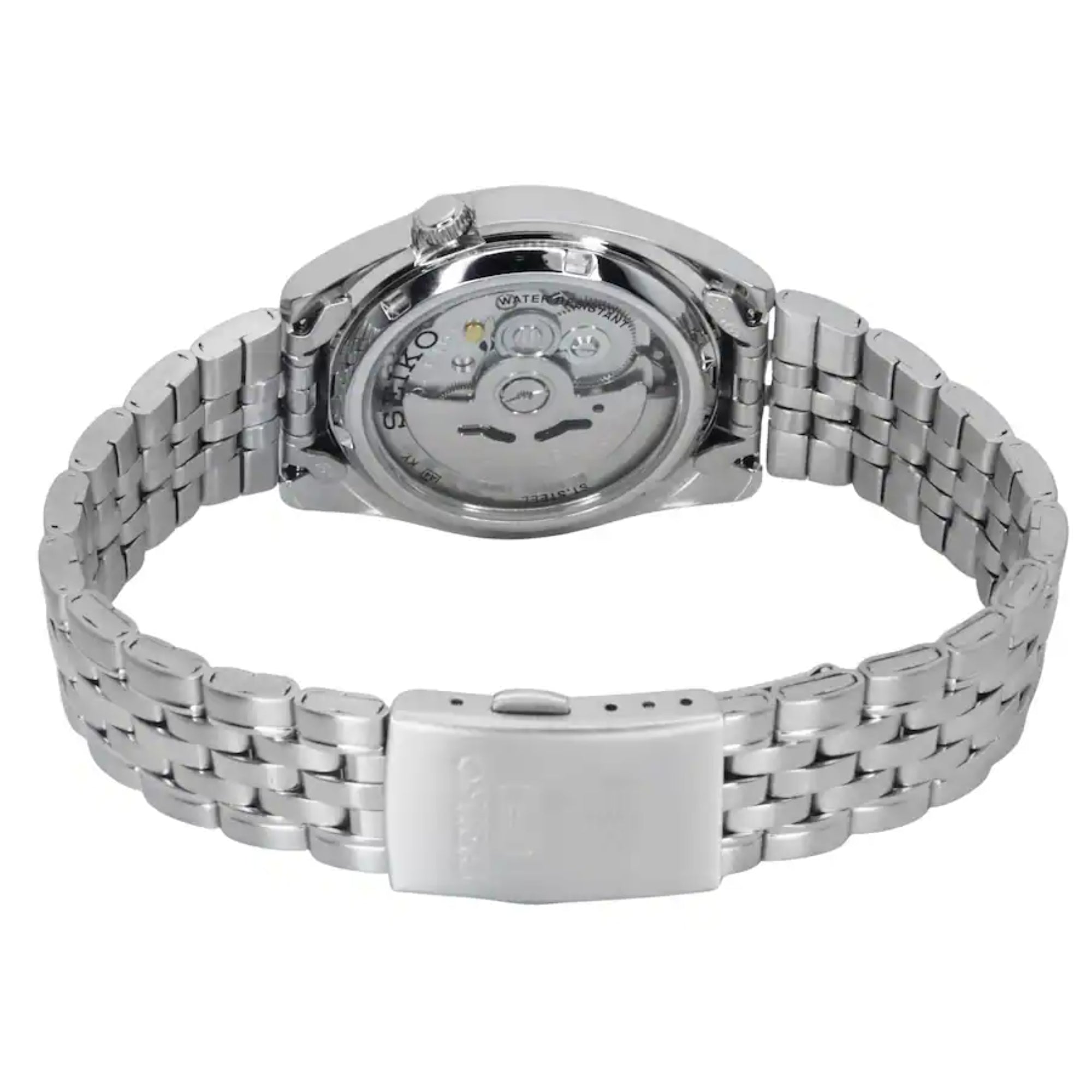 Angled view of Seiko 5 SNK381K1 see-through case back and stainless steel bracelet with a clasp