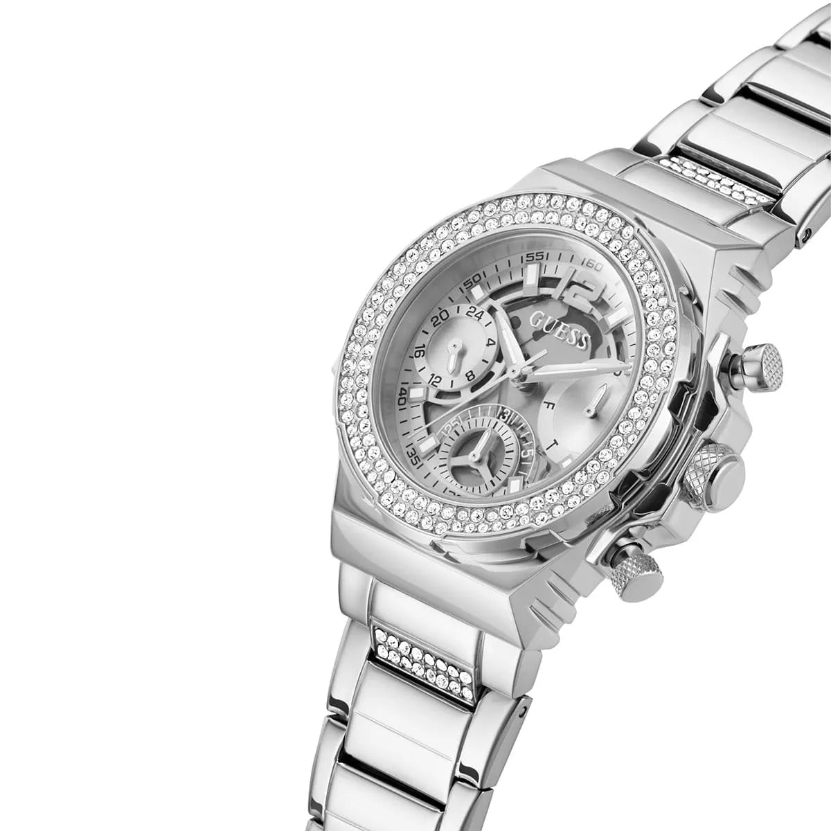 GUESS Fusion Stone Set Silver Dial Steel Strap Women's Watch GW0552L1