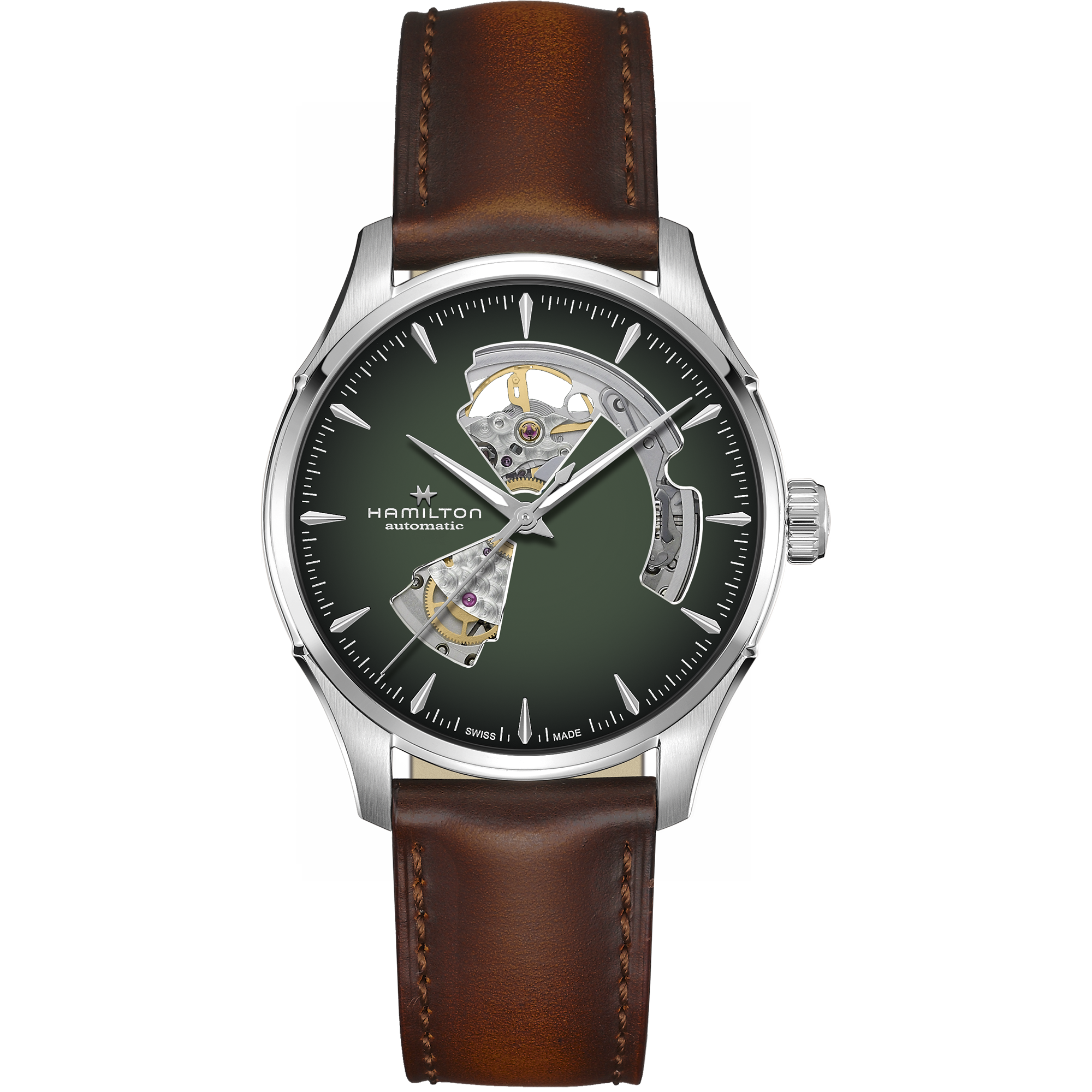 Hamilton Jazzmaster 40mm Open Heart smoked green dial brown leather automatic watch H32675560 front view