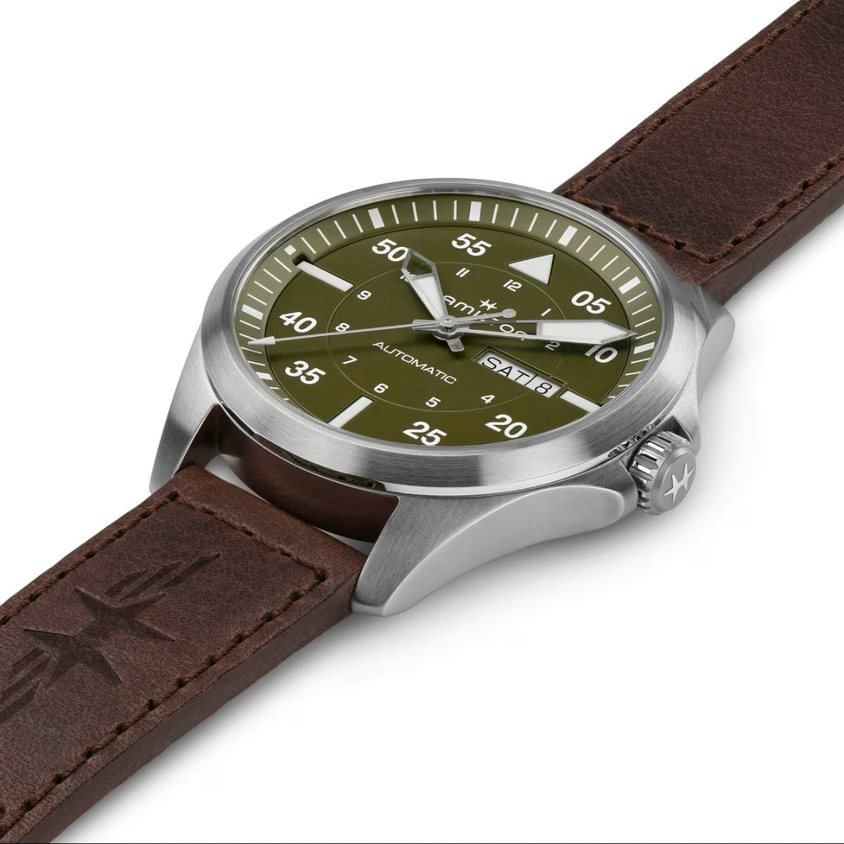 Hamilton H64635560 42m case and brown leather strap on white background