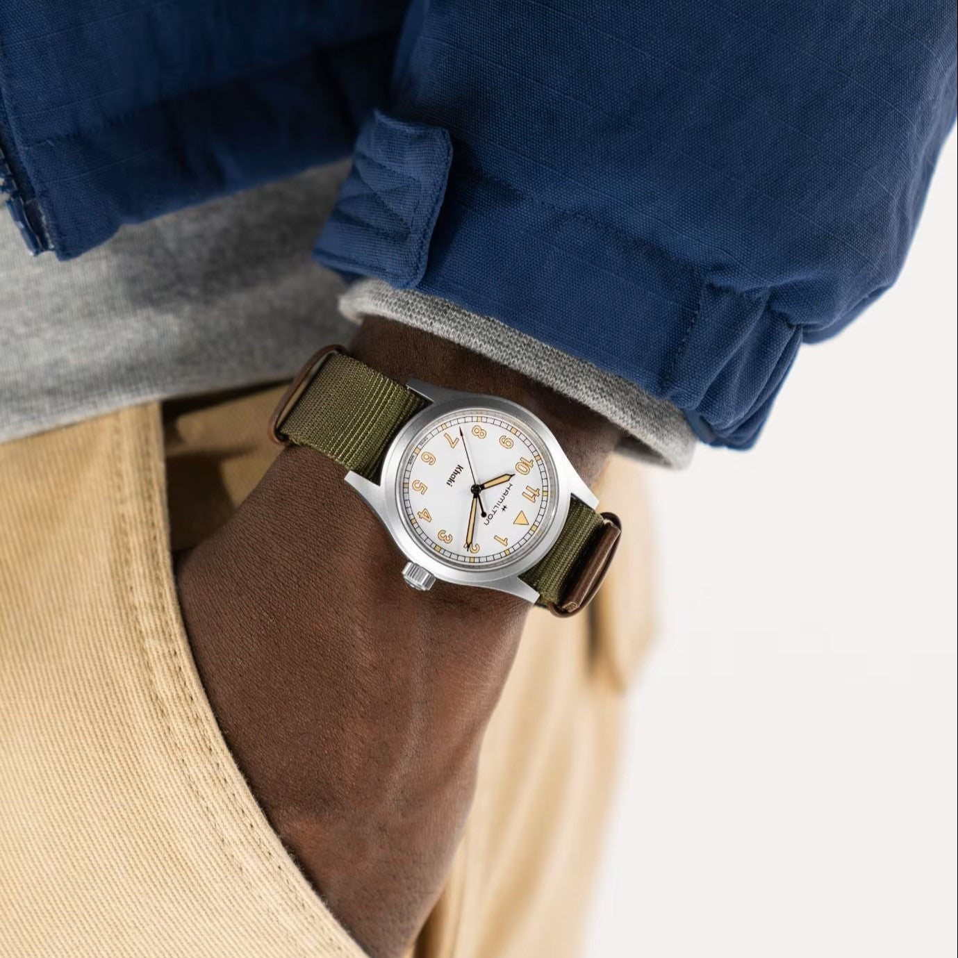 Hamilton Khaki Field 38mm White Dial NATO Quartz watch worn on wrist H69401910