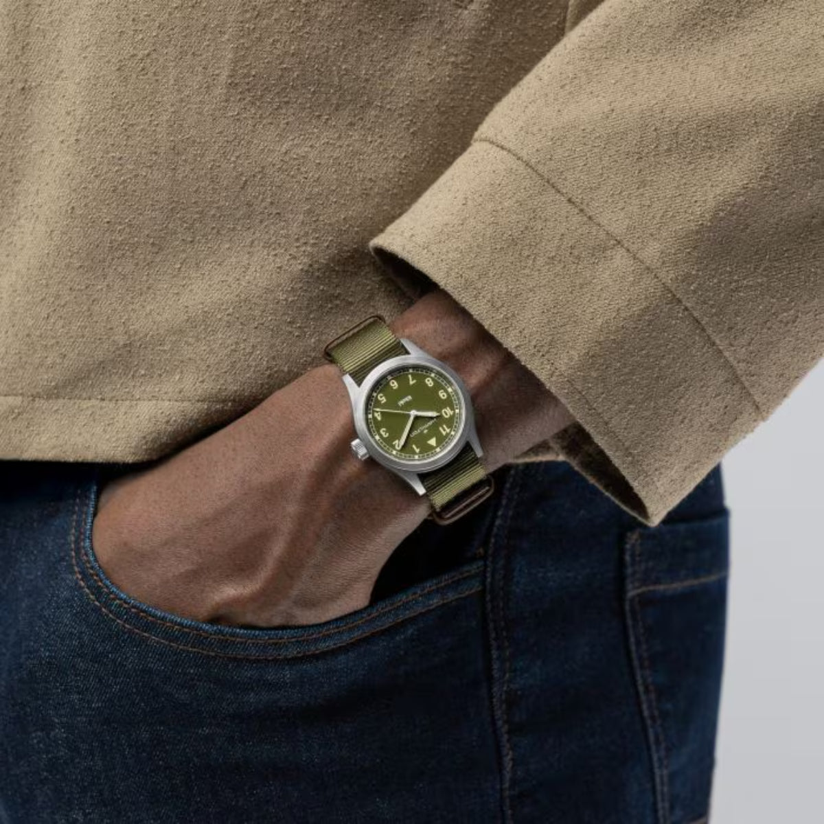Hamilton Khaki Field 38mm Green Dial NATO Quartz watch worn on wrist H69401960
