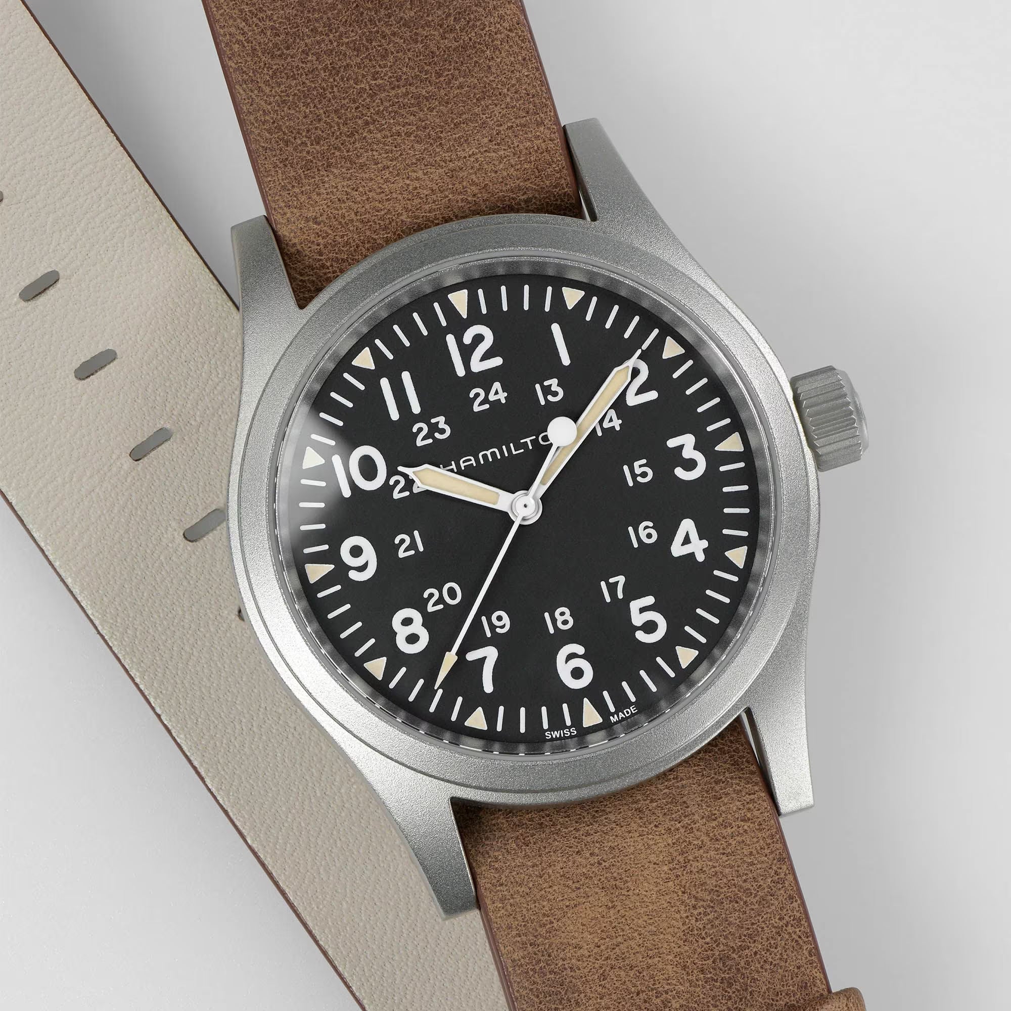 Hamilton Khaki Field H69439531 luminous syringe hands and markers close-up