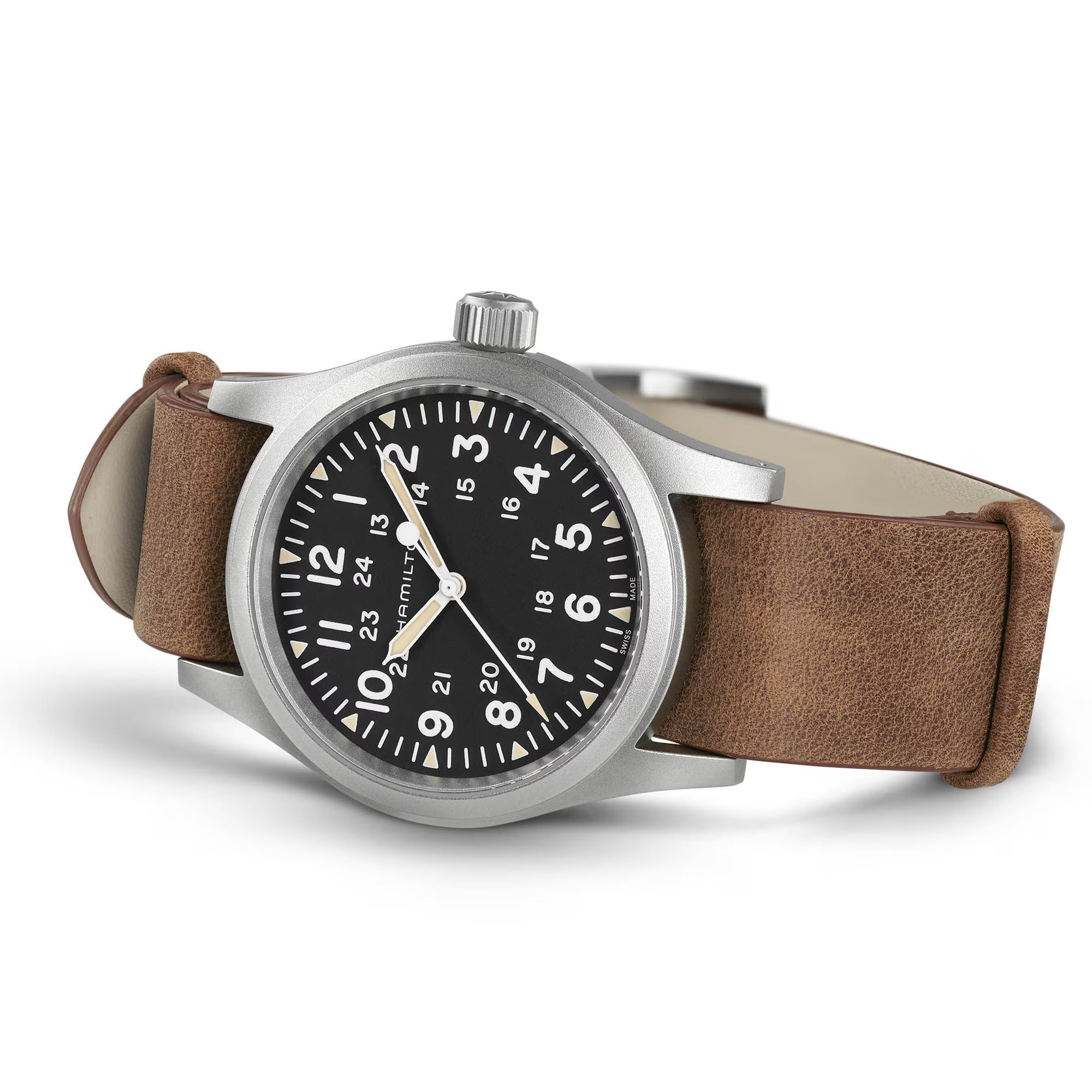 Hamilton Khaki Field H69439531 brown leather strap and pin buckle detail