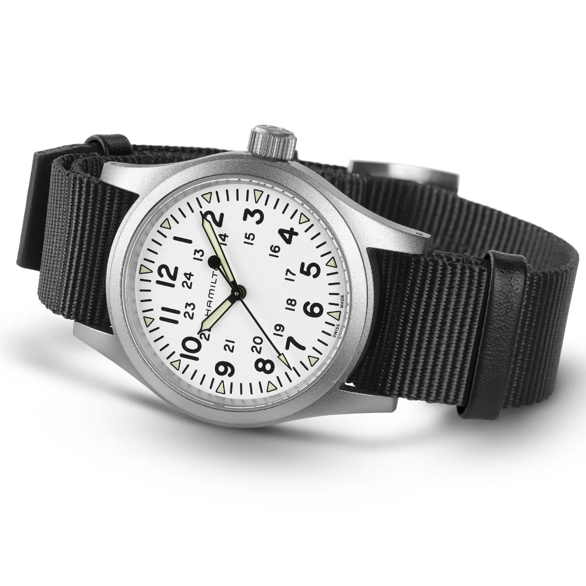 Hamilton Khaki Field H69439910 luminous hands and markers close-up