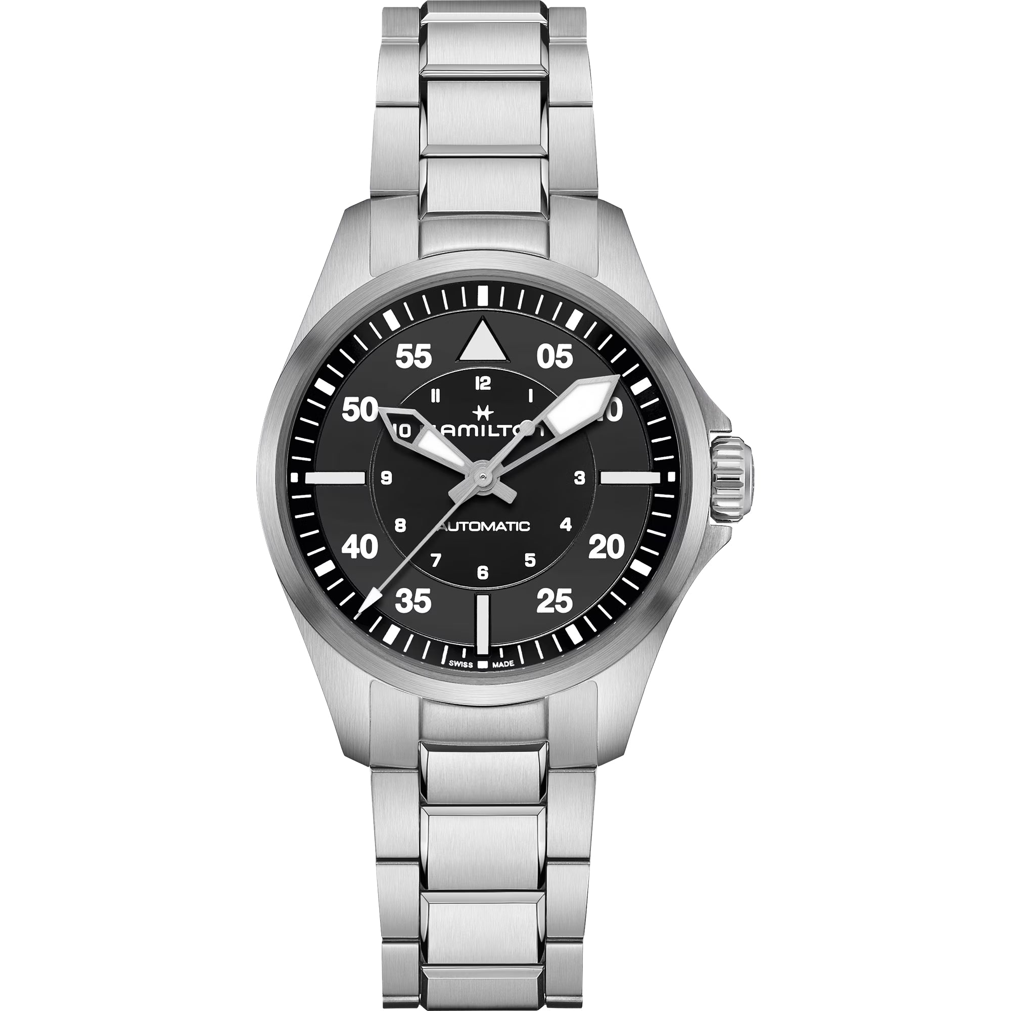 Hamilton Khaki Aviation Pilot automatic black dial steel strap unisex watch H76215130 front view