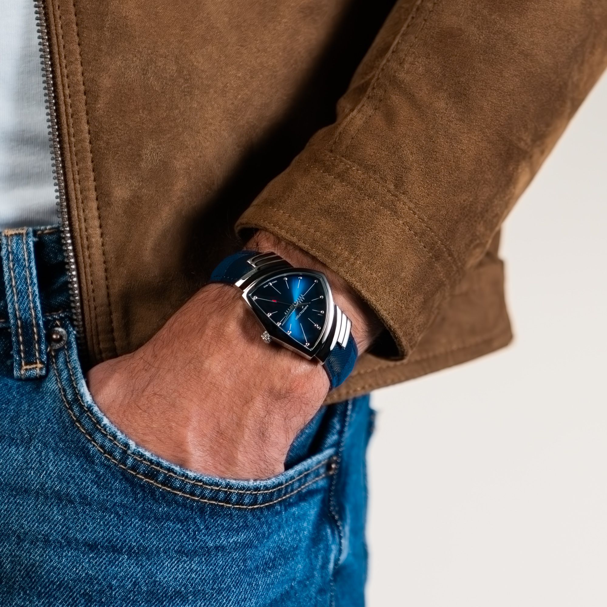 Hamilton Ventura H24411942 blue Alcantara quartz watch on wrist