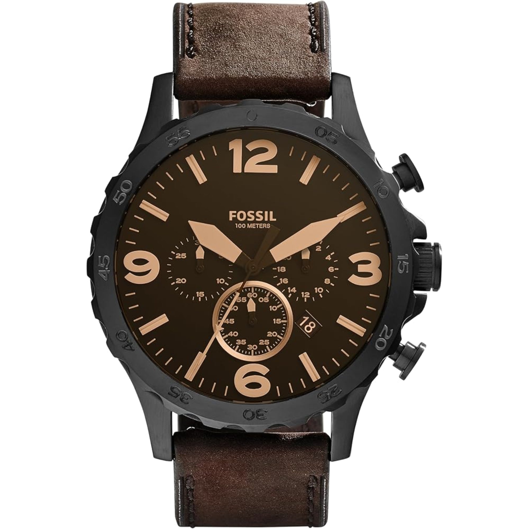 Fossil Nate Chronograph Black Dial Leather Strap Men’s Watch JR1487