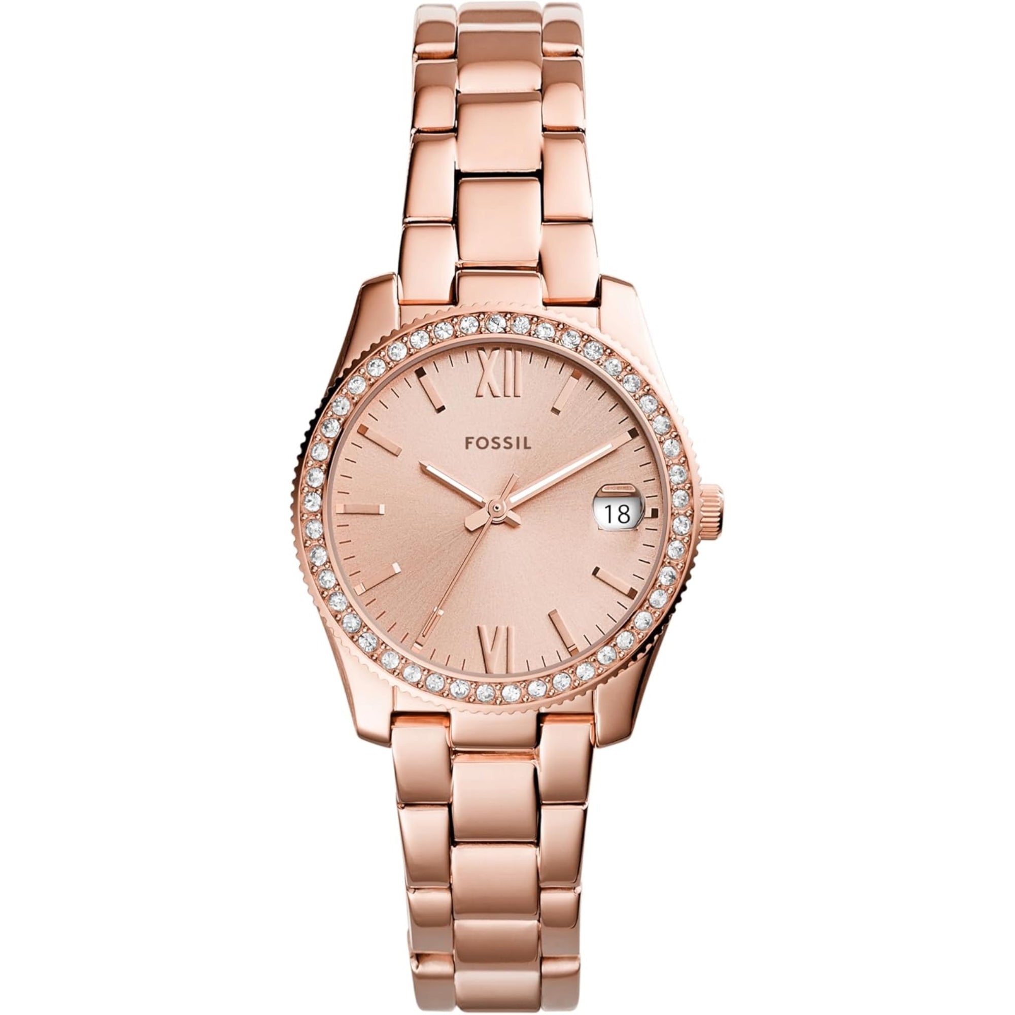 Fossil Scarlette Mini Date Quartz Rose Gold Dial Steel Strap Women's Watch ES4318
