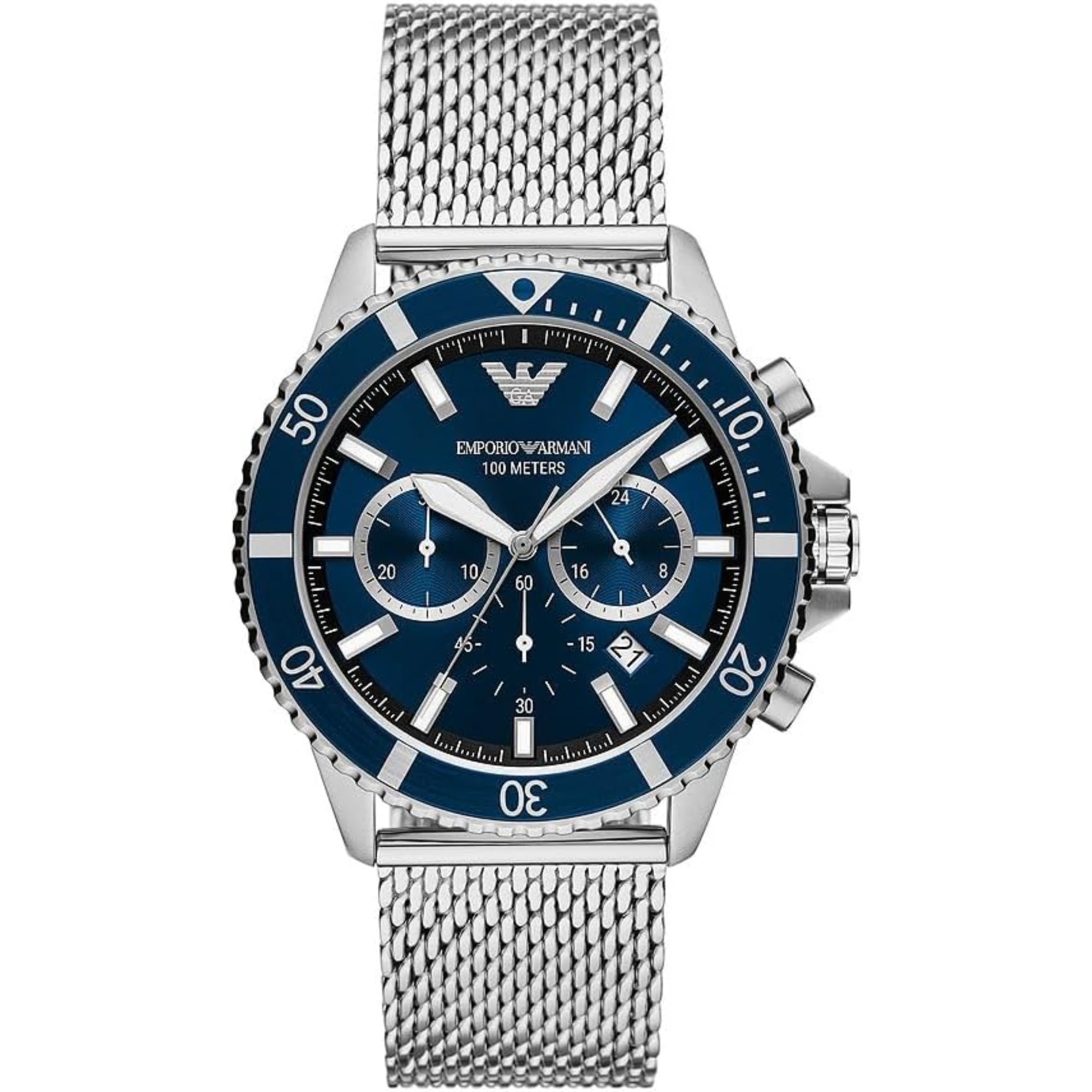 Emporio Armani Diver 43mm Chronograph Blaues Zifferblatt Stahl Herren Quarz Uhr AR11587