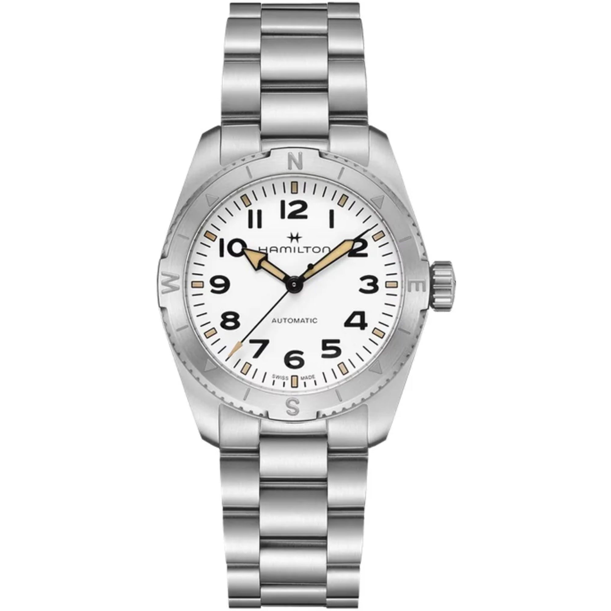 Hamilton Khaki Field 37mm Expedition white sand-blasted dial steel bracelet automatic watch H70225110 front view
