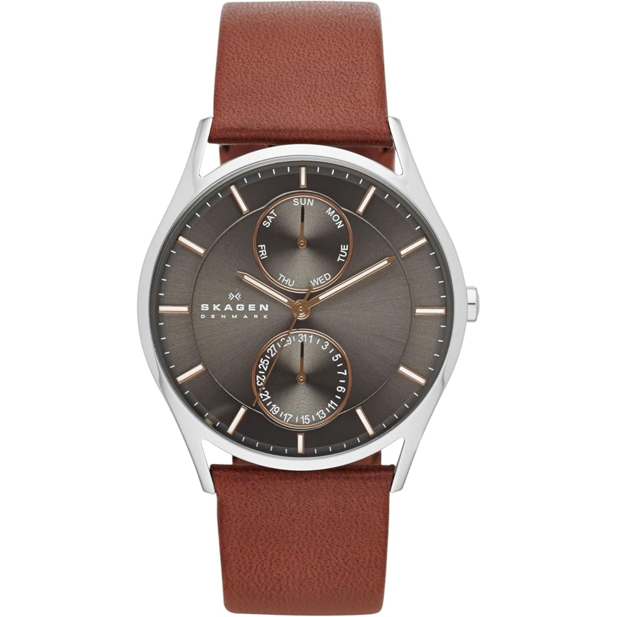Skagen Holst Multifunktion Mittelbraunes Lederarmband Graues Zifferblatt Herrenarmbanduhr SKW6086