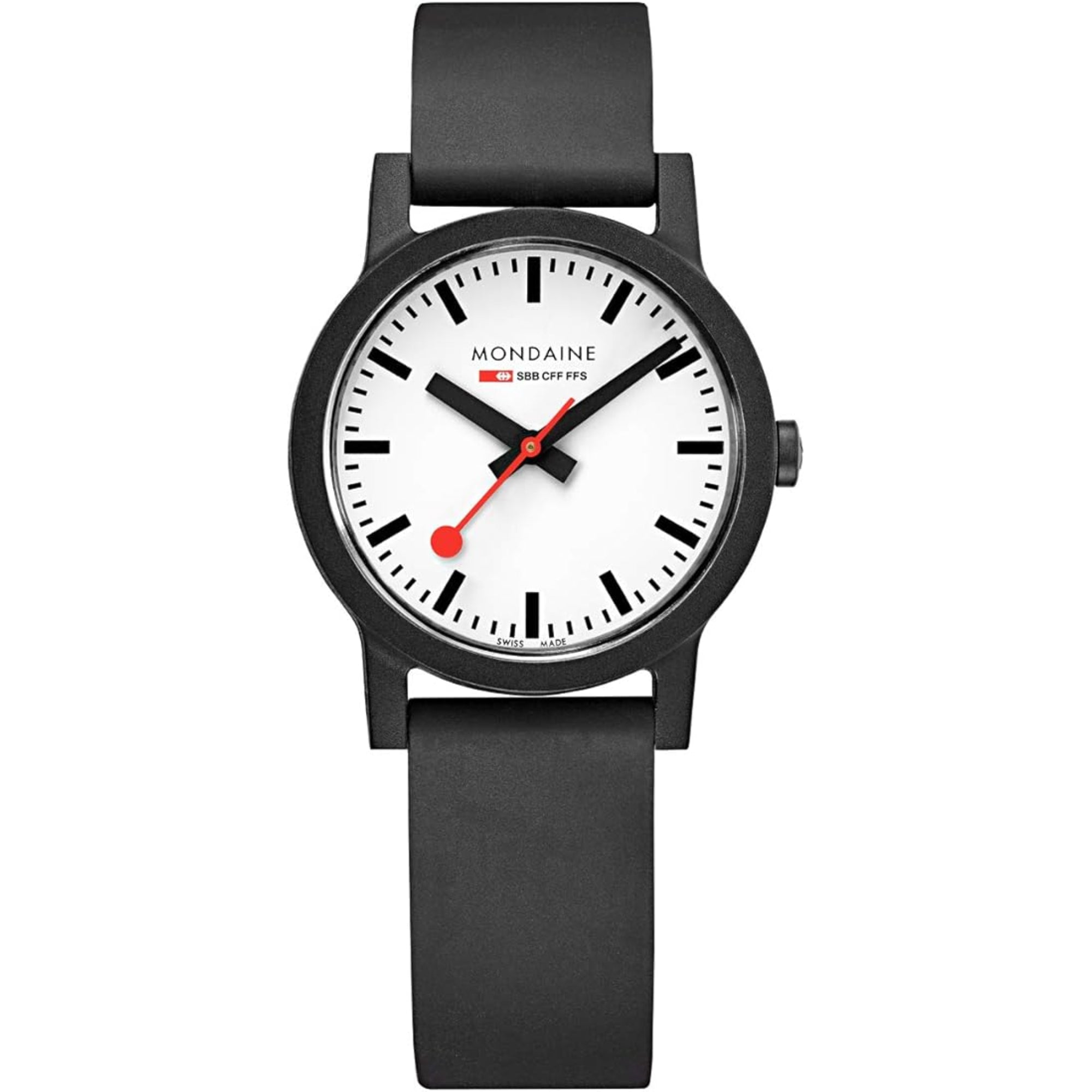 Mondaine Essence Weißes Zifferblatt Schwarzes Gummiarmband Damen Uhr MS1.32110.RB