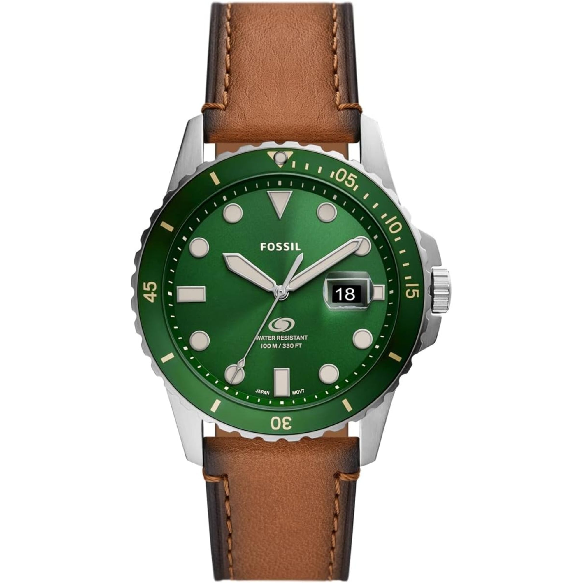 Fossil Blue Dive 42mm Green Dial Leather Mens Quartz Watch FS5946