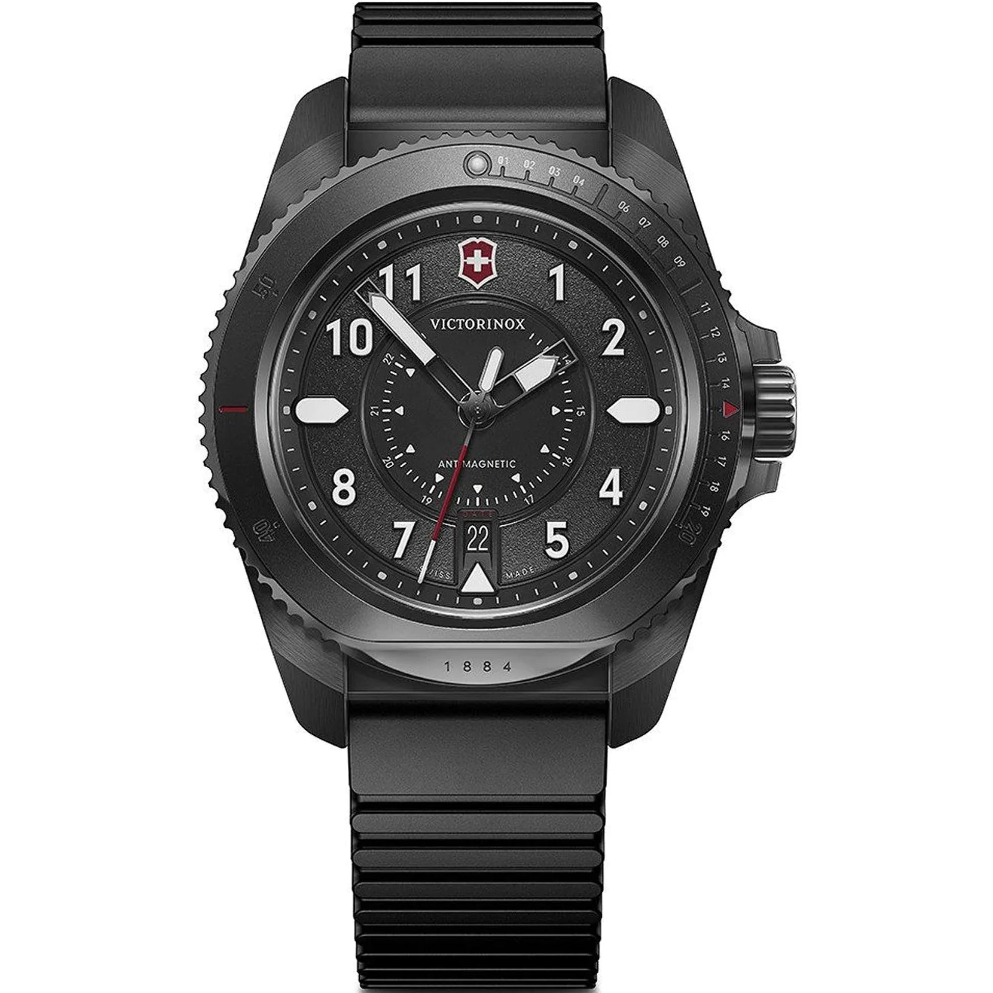 Victorinox Journey 1884 43mm Quartz black dial rubber watch 241982 front view