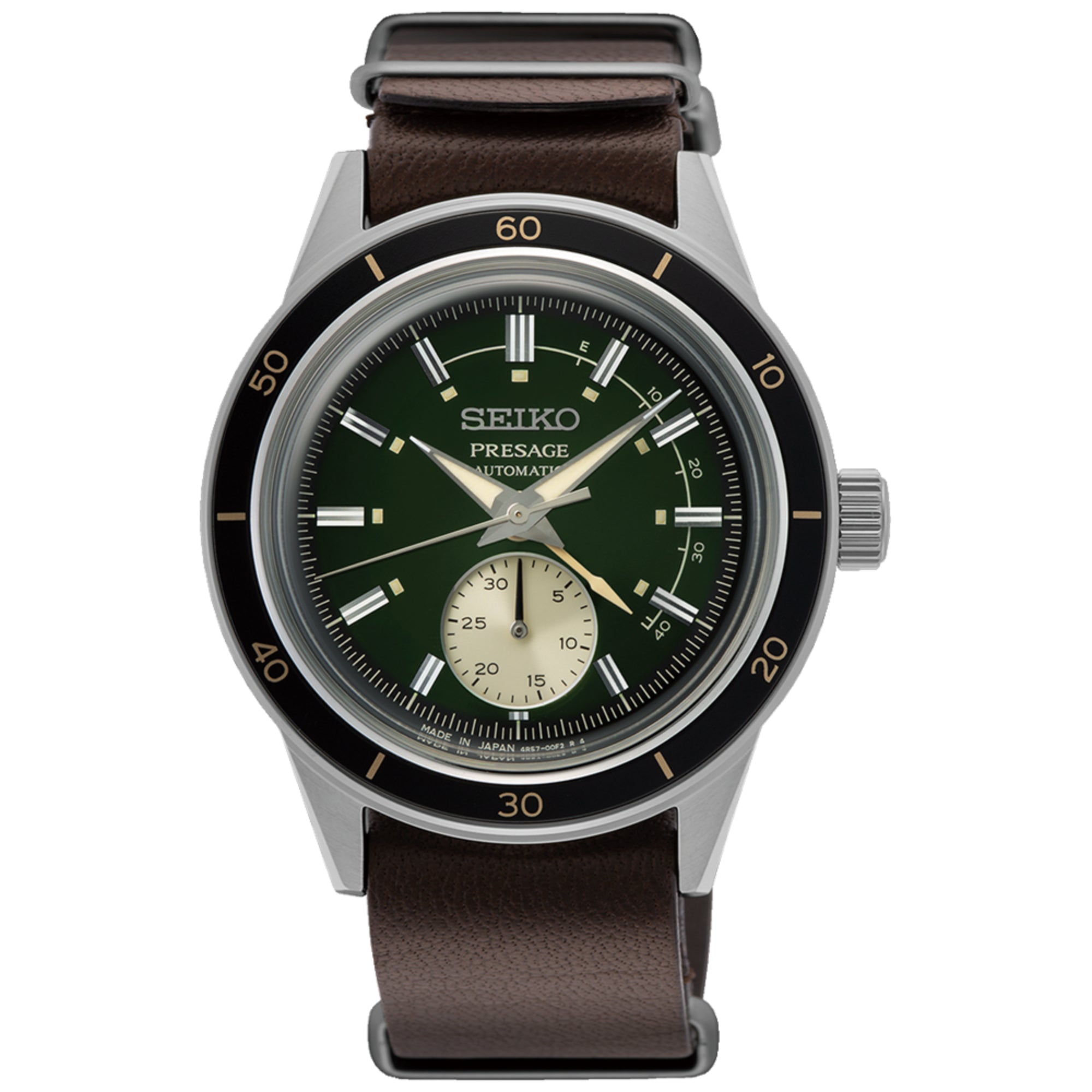 Seiko Presage Style 60s Automatik Grünes Zifferblatt Braunes Lederarmband Herren Uhr SSA451J1
