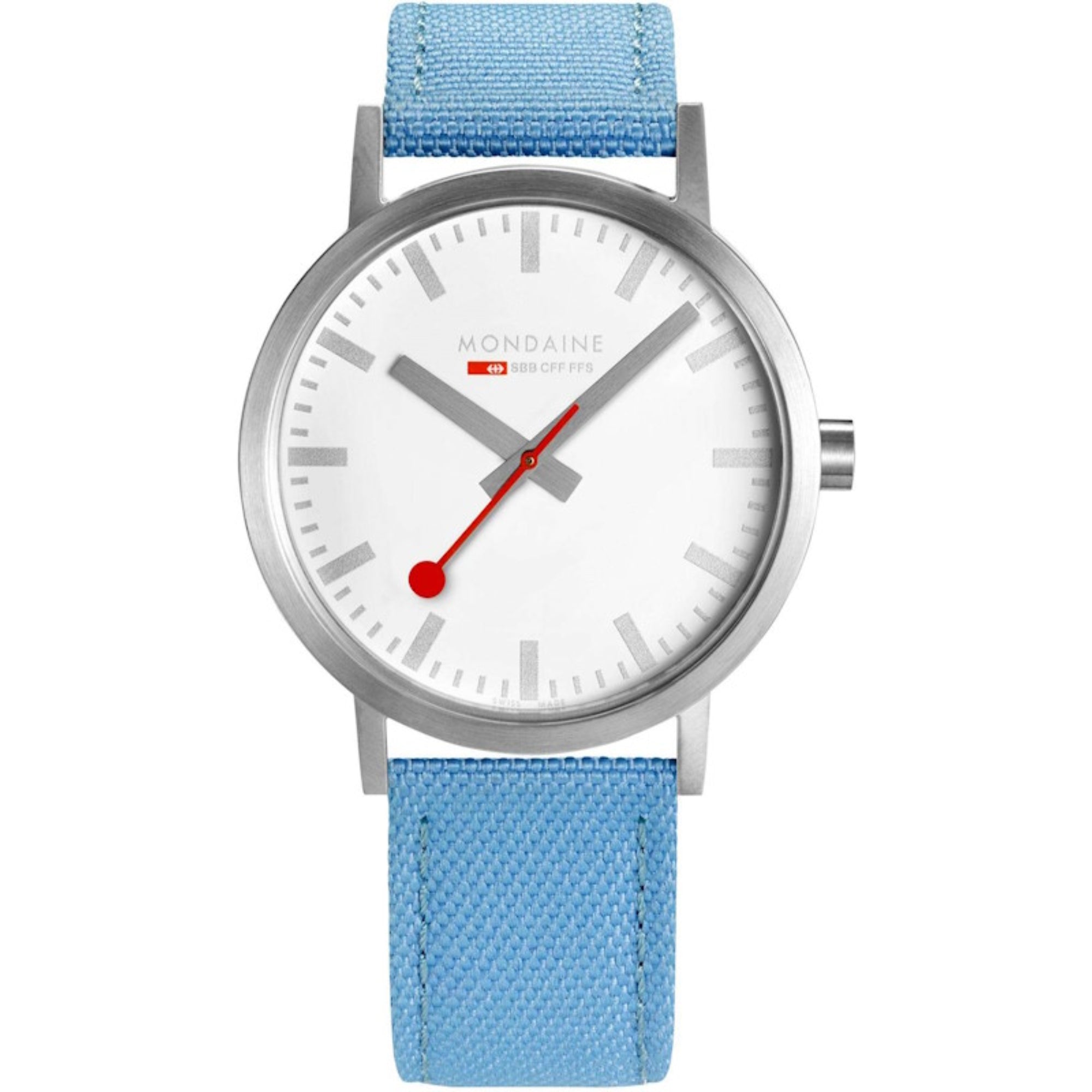 Mondaine Classic Quartz Weißes Zifferblatt Aqua Blaues Textilarmband Uhr A660.30360.17SBQ