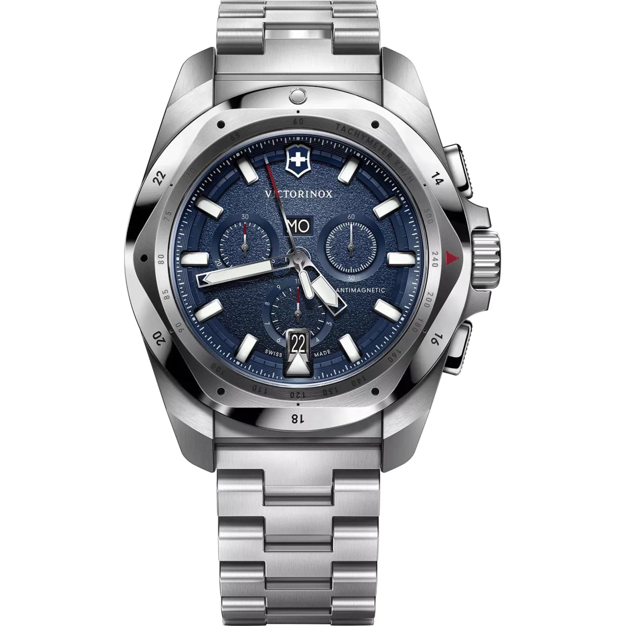 Victorinox I.N.O.X. 241985 blue dial chronograph stainless steel men's watch front view with tachymeter bezel